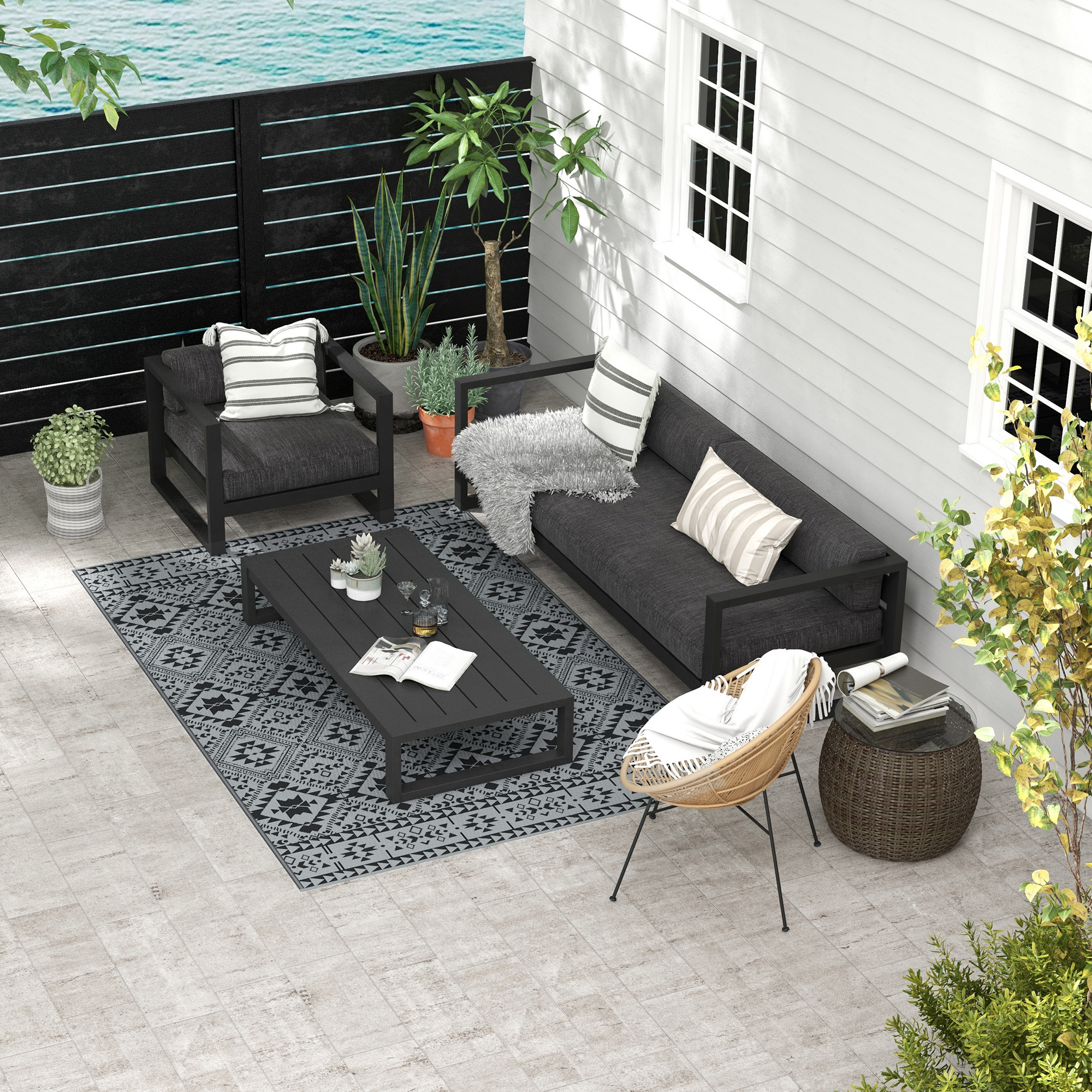 Outdoor Wendeteppich, wasserfest, geometrisch, 182x274cm, Schwarz/Grau