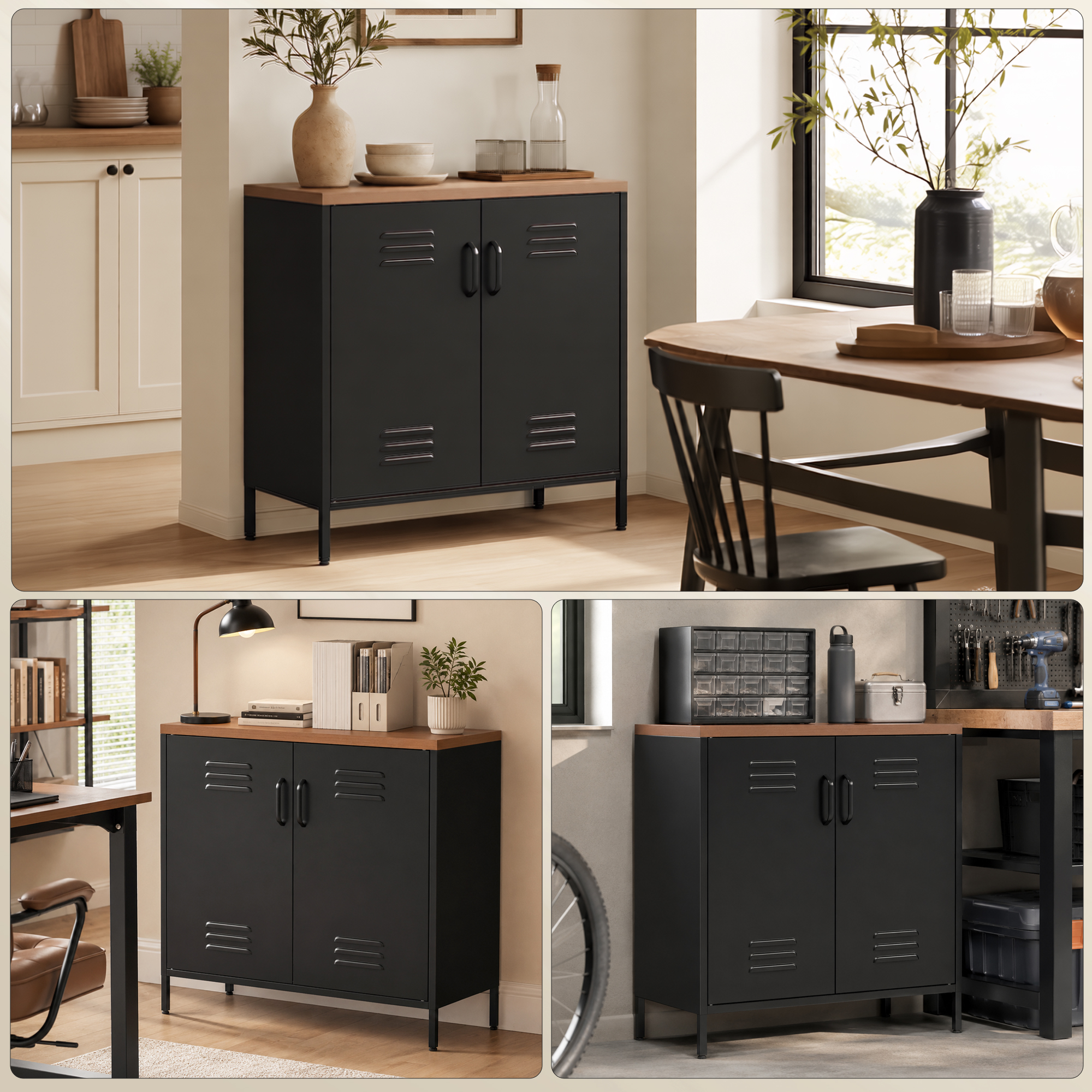 Stahl-Sideboard, 80x40x80 cm, Industrielles Aufbewahrungsschrank mit 2 Türen und verstellbarem Regal für Wohnzimmer, Büro, Schwarz