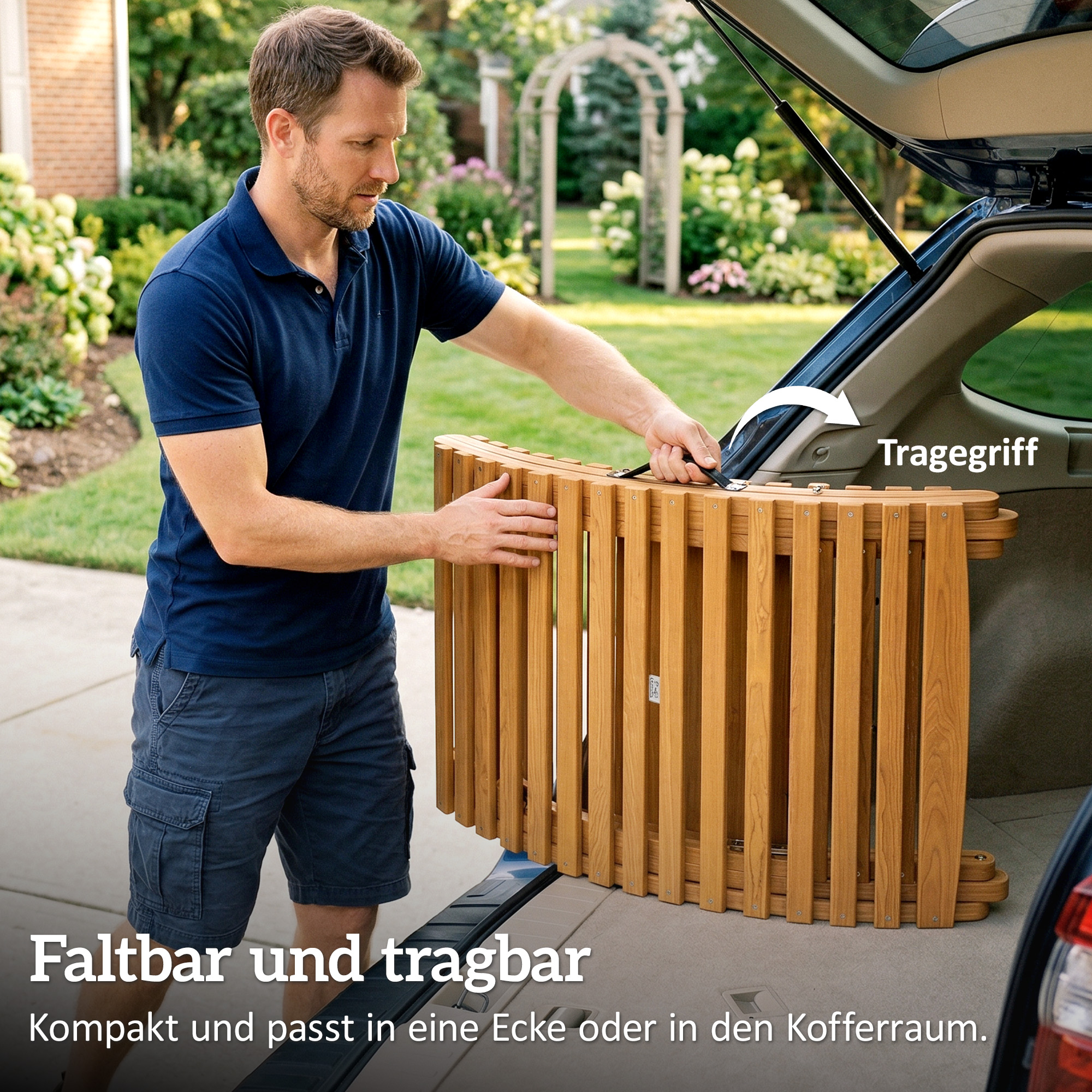 Sonnenliege klappbare wetterfeste Gartenliege aus Holz mit Polsterung Kopfstütze Tragegriff 183 x 54 x 63 cm, Beige