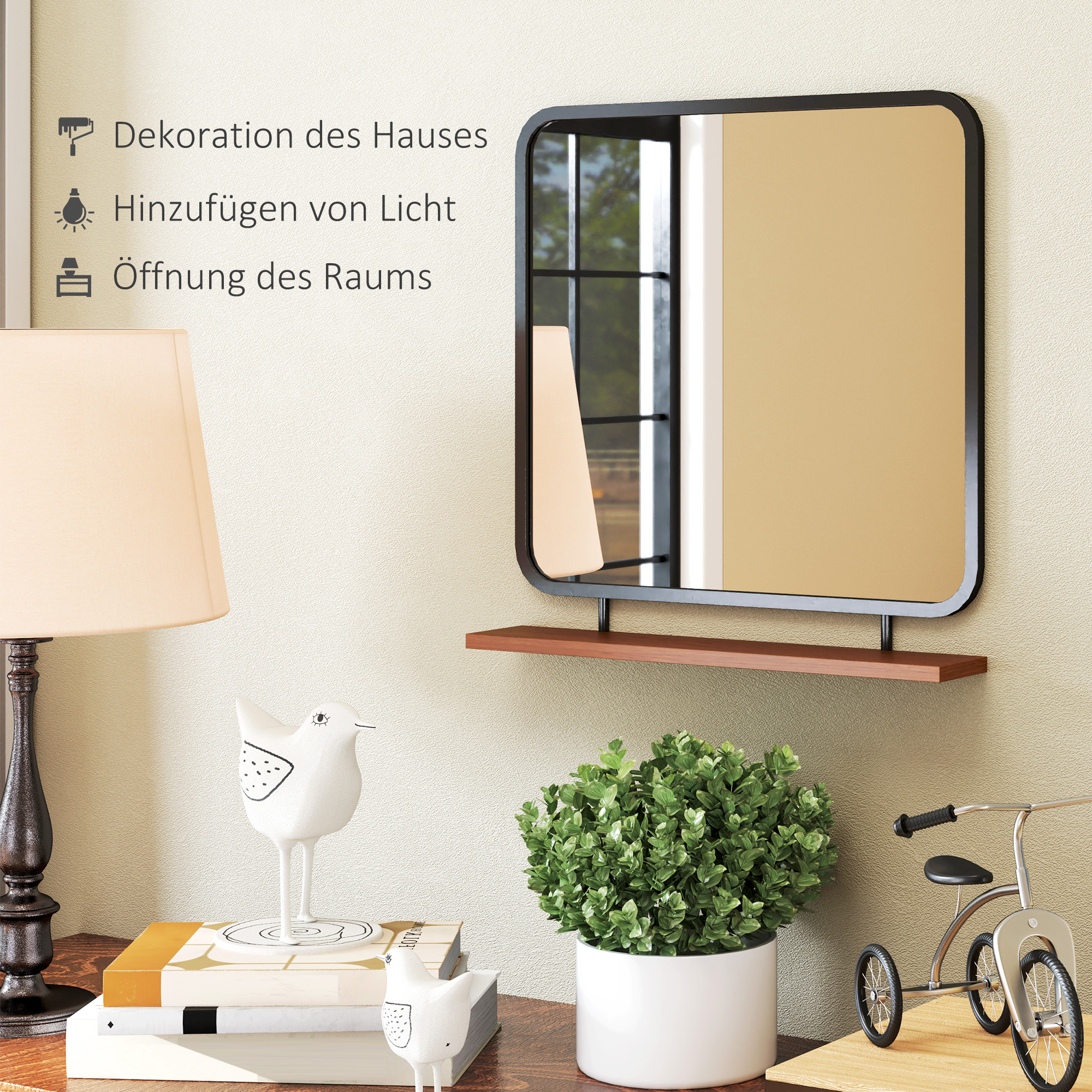 Wandspiegel mit Ablage, Vintage-Design, Metallrahmen, Paulownia-Holz, 55 x 55,5 cm, Schwarz/Holz