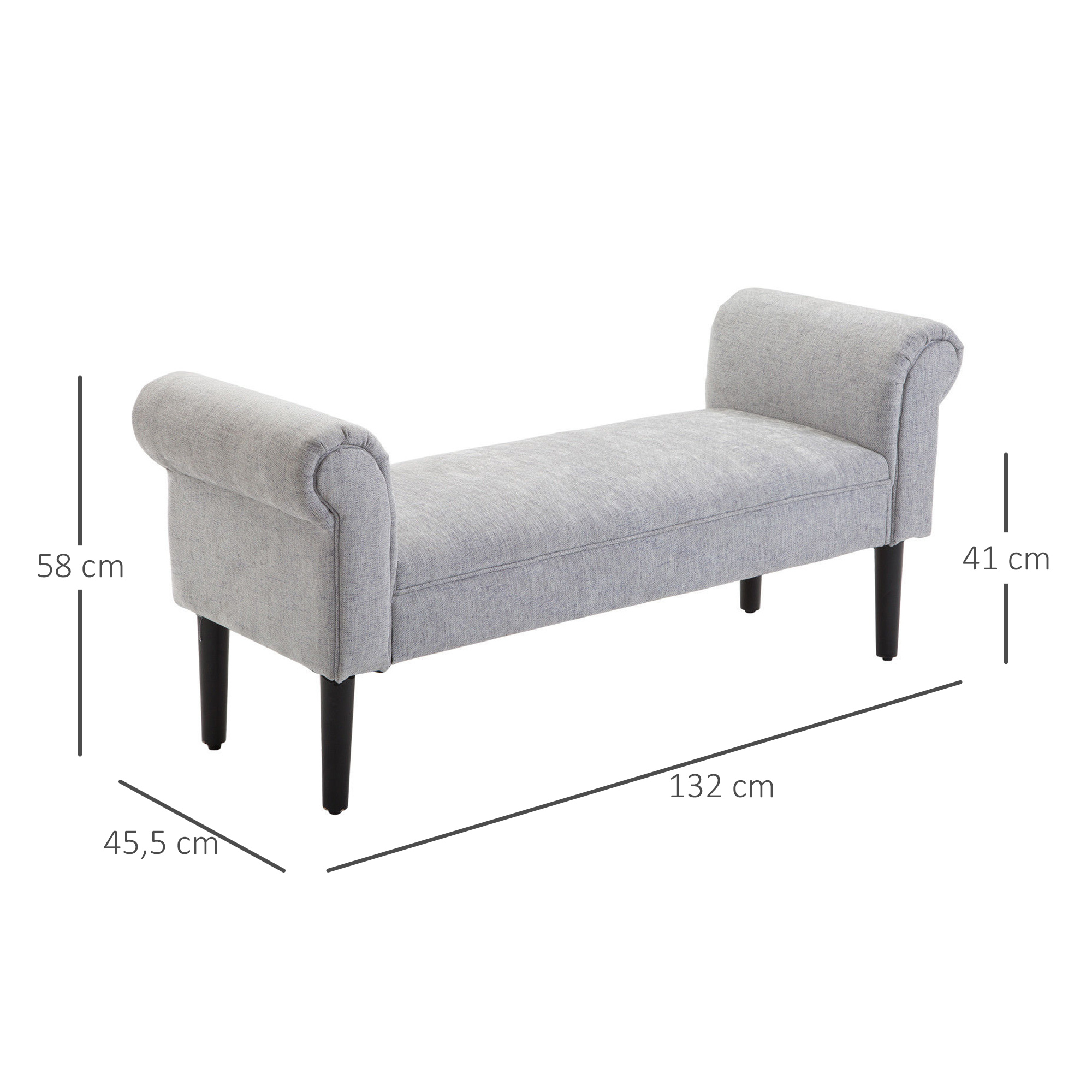 Polsterbank Sitzbank Lounge Sitzhocker Flurbank Bettbank elegant mit gerollten Seiten Leinenstoff Schaumstoff Polyester Hellgrau 132 x 45,5 x 58 cm