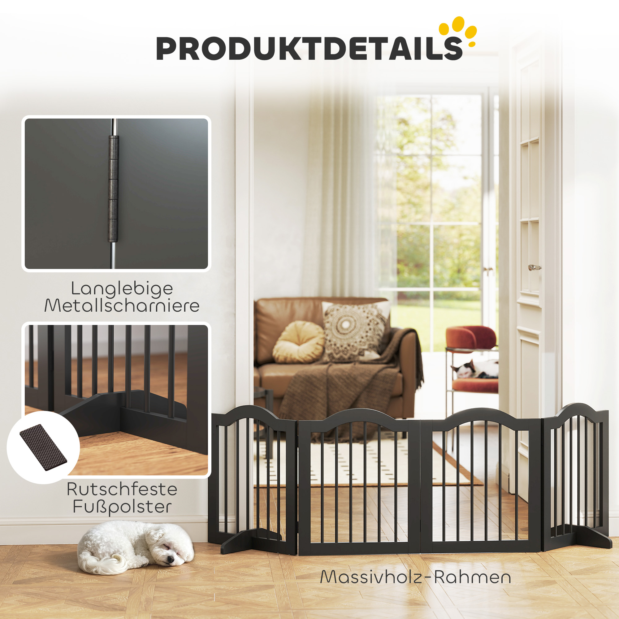 Absperrgitter Hund Freistehendes Schutzgitter mit Füßen, Klappbar Hundegitter, 4 Paneelen, 208 x 29,5 x 61 cm, Schwarz