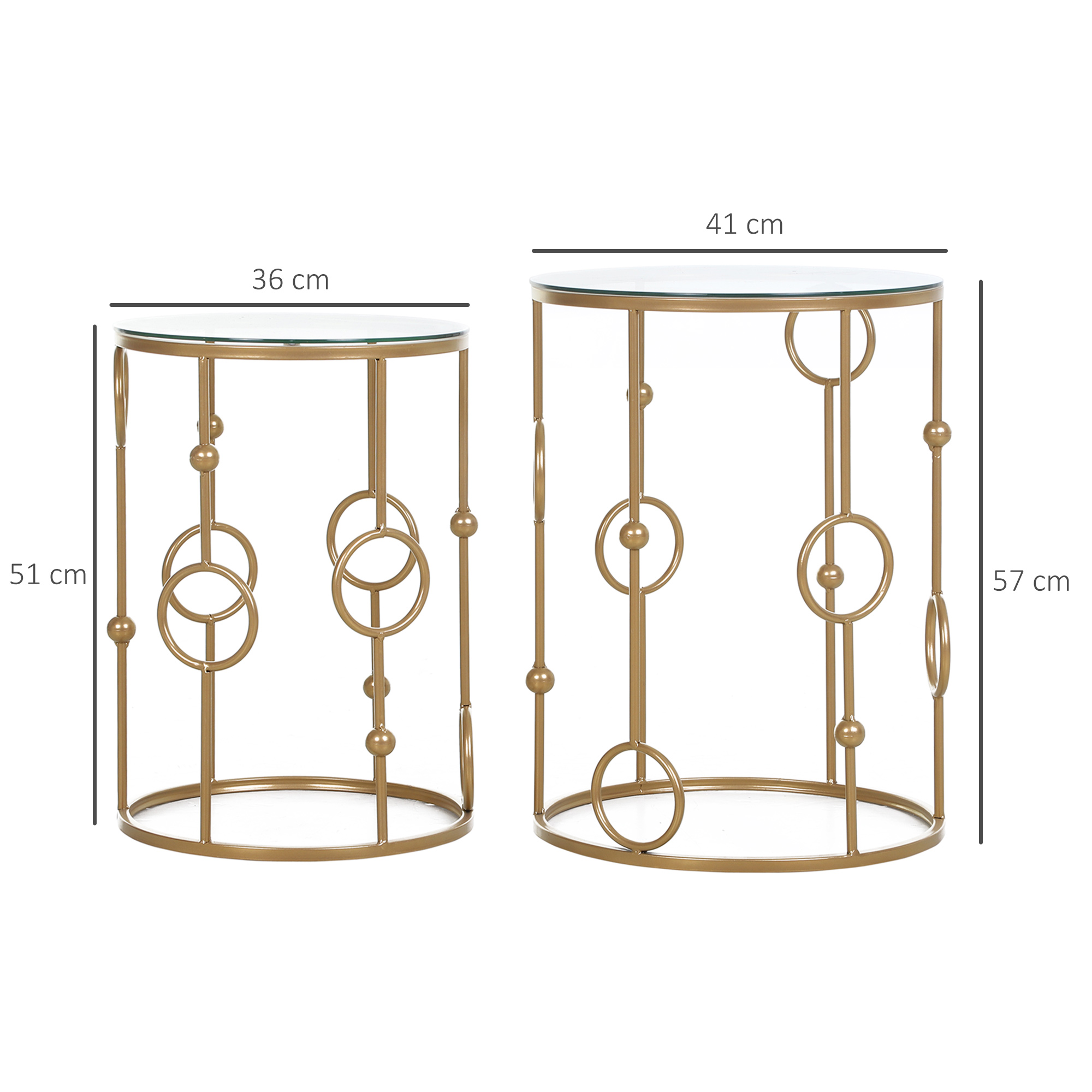 2er-Set Couchtisch, Beistelltisch mit Glasplatte, Wohnzimmertisch mit Reifen- und Kugeldesign Ø41 x 57 cm, Gold