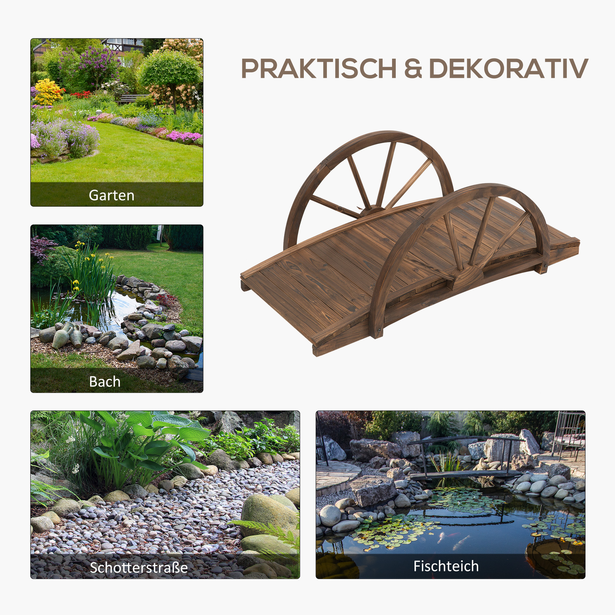 Gartenbrücke aus Tannenholz, Holzbrücke mit Rad Design, Teichbrücke bis 150 kg belastbar 100 x 50 x 37 cm Verkohlt