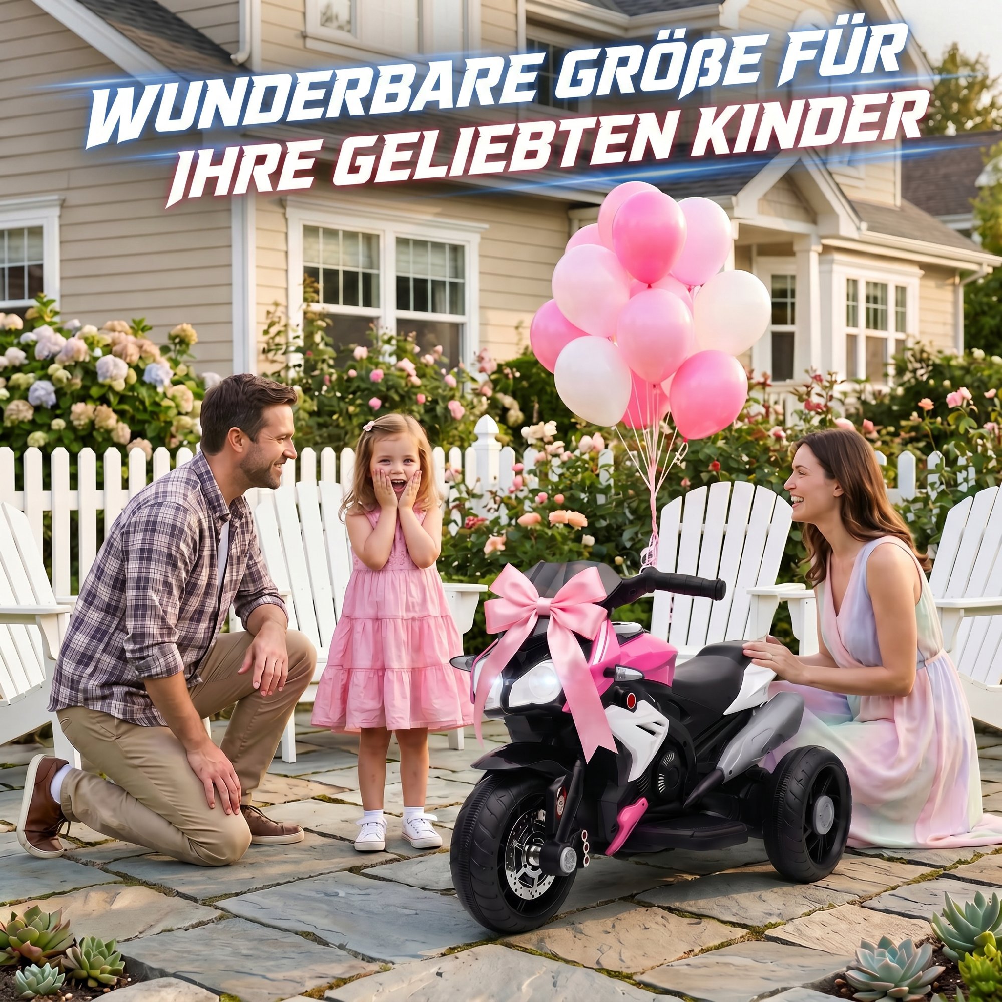Elektro-Kindermotorrad, Lichter & Geräusche, 3 km/h, wiederaufladbar, Kunststoff & Metall, Rosa/Weiß