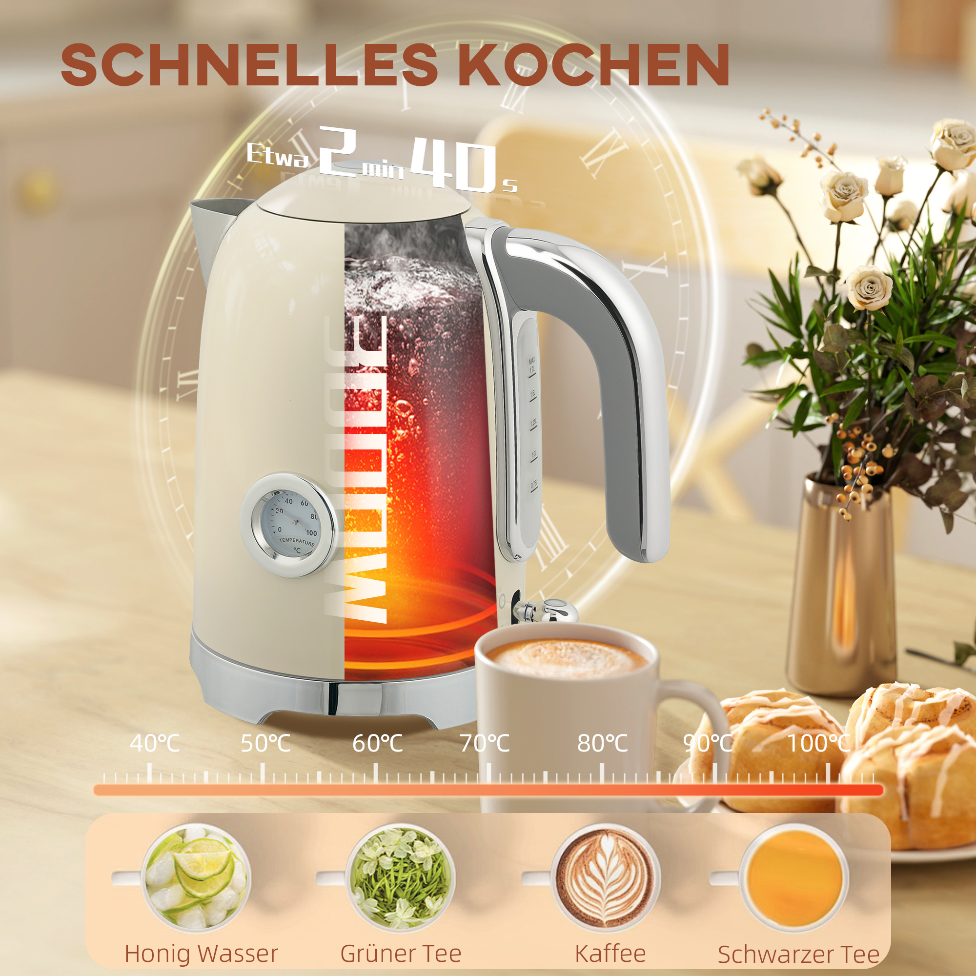 Wasserkocher- und Toaster-Set, 2200W, 7 Bräunungsstufen, versch. Funktionen, Creme