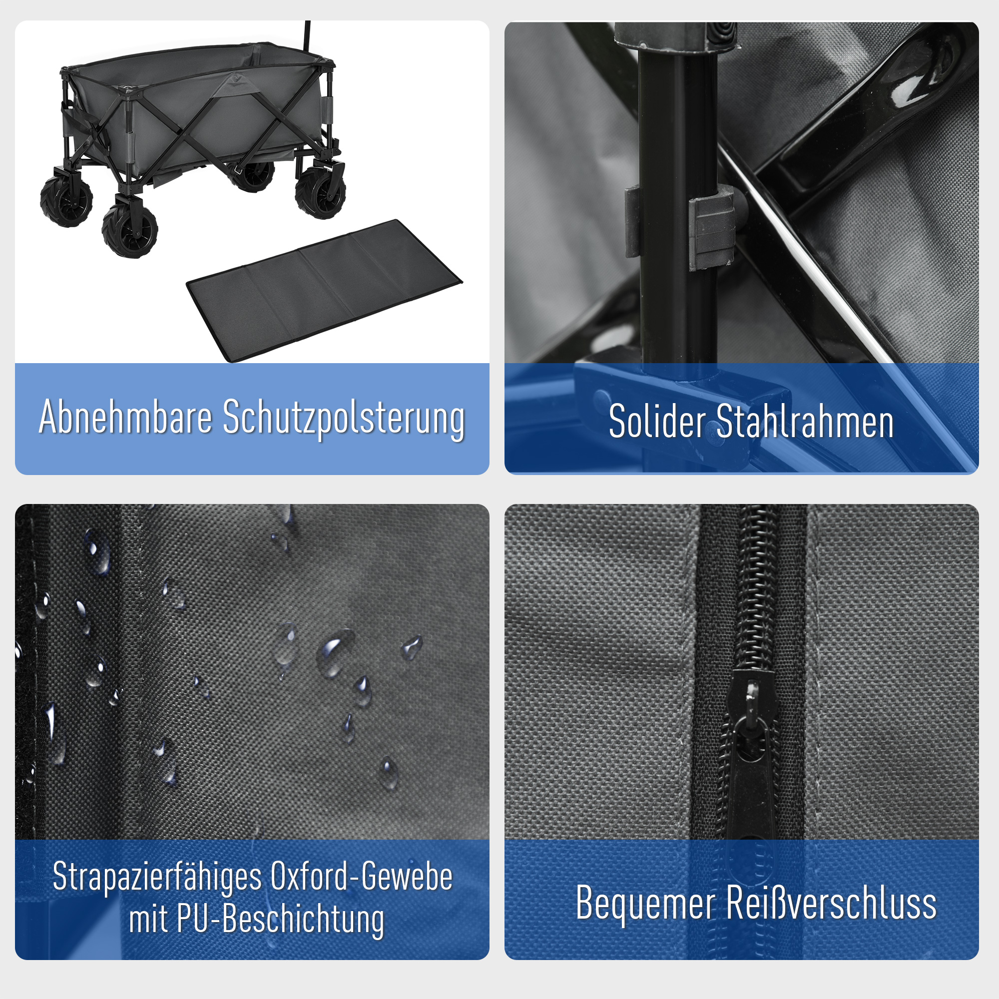 Bollerwagen Faltbarer Handwagen 360° Gartenwagen Transportwagen mit  Teleskop Griff Verstellbarer Griffhöhe Strandwagen bis 70 kg Tragkraft Metall Oxford Dunkelgrau 108 x 55 x 59-89 cm