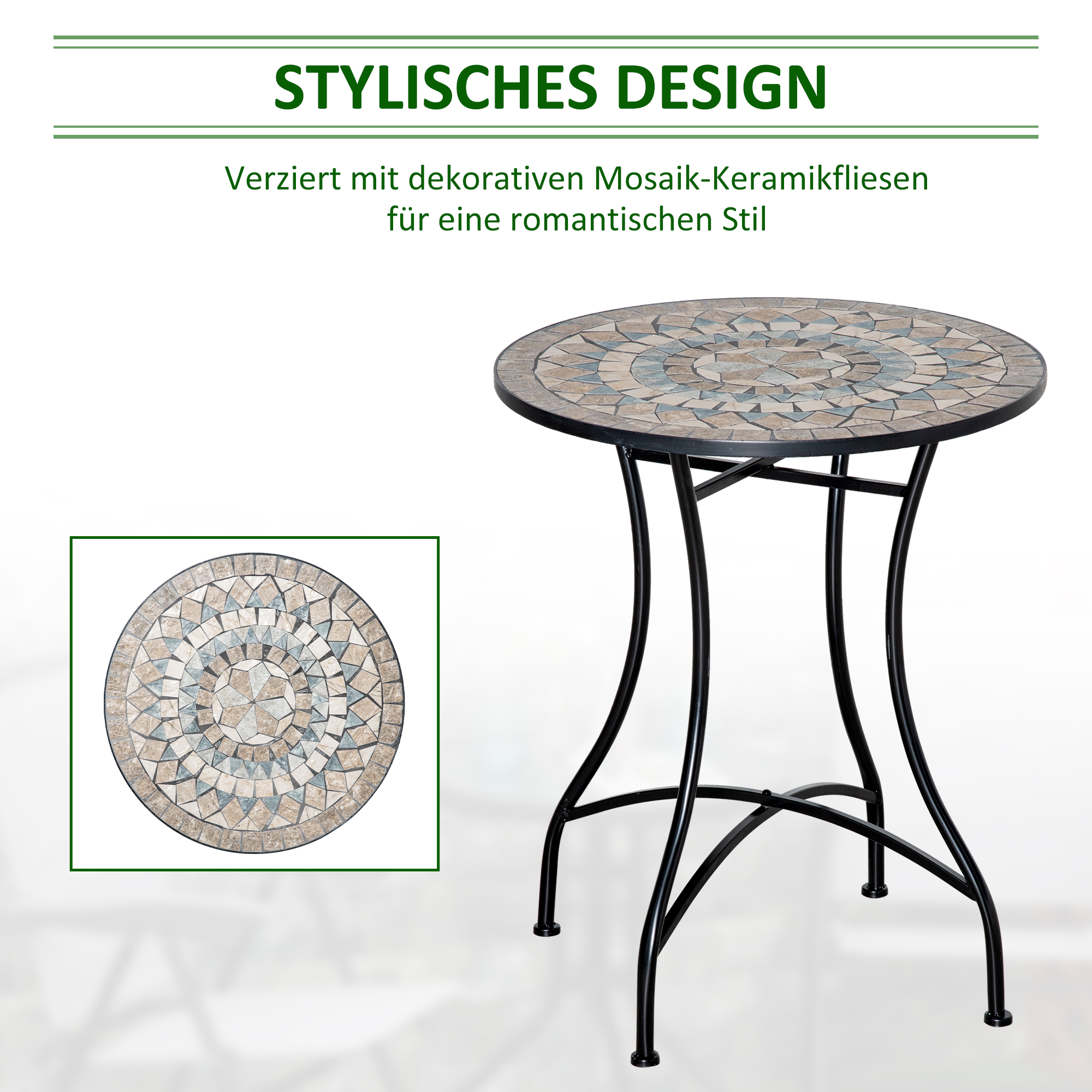 Gartentisch Mosaiktisch rund Bistrotisch Beistelltisch mit Mosaikplatte Keramik Metall Grün+Beige+Weiß Ø60 cm