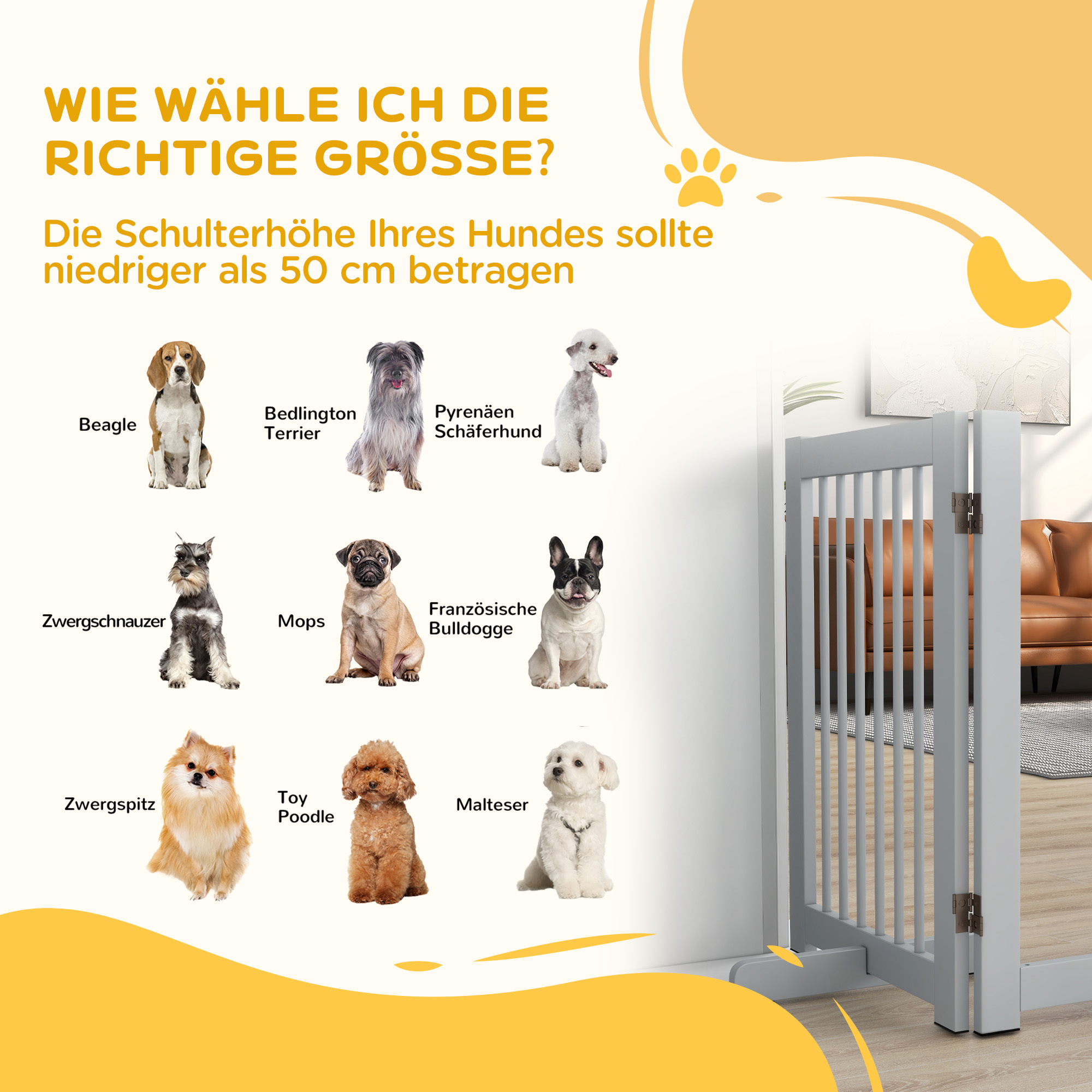 freistehendes Hundegitter, 4 Paneele, flexibel, Kiefernholz, 204L x 36B x 75H cm, Hellgrau