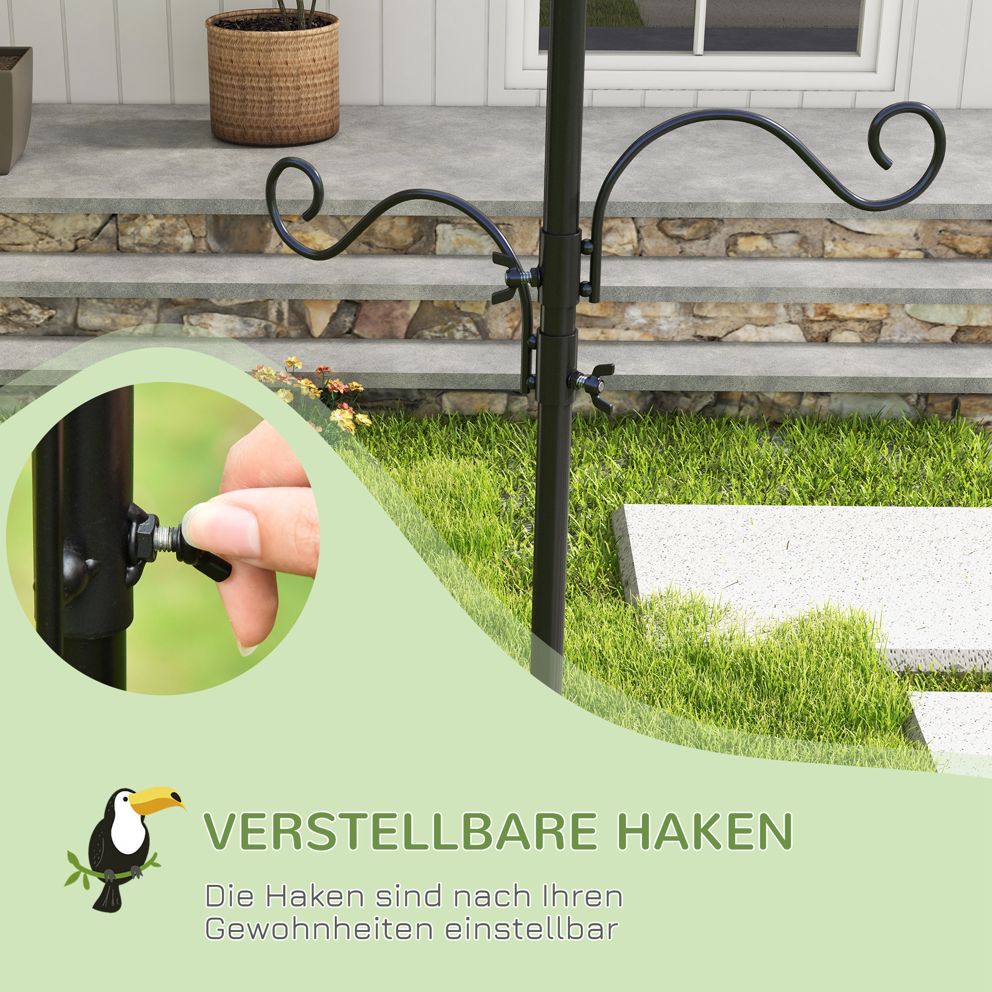 Vogelfutterstation, Outdoor-Futterspender, 4 Haken, Stahl, Schwarz