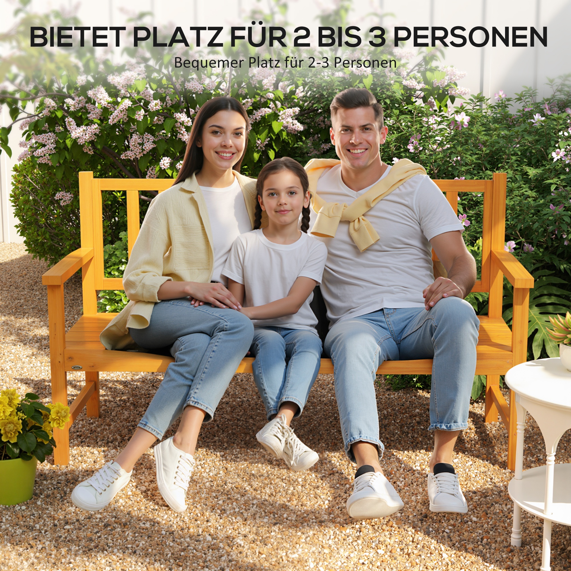 Gartenbank Holzbank Outdoor-Bank, ausklappbarer Tisch, wetterbeständig, Massivholz, 153 cm x 56 cm x 91 cm,  Hellbraun