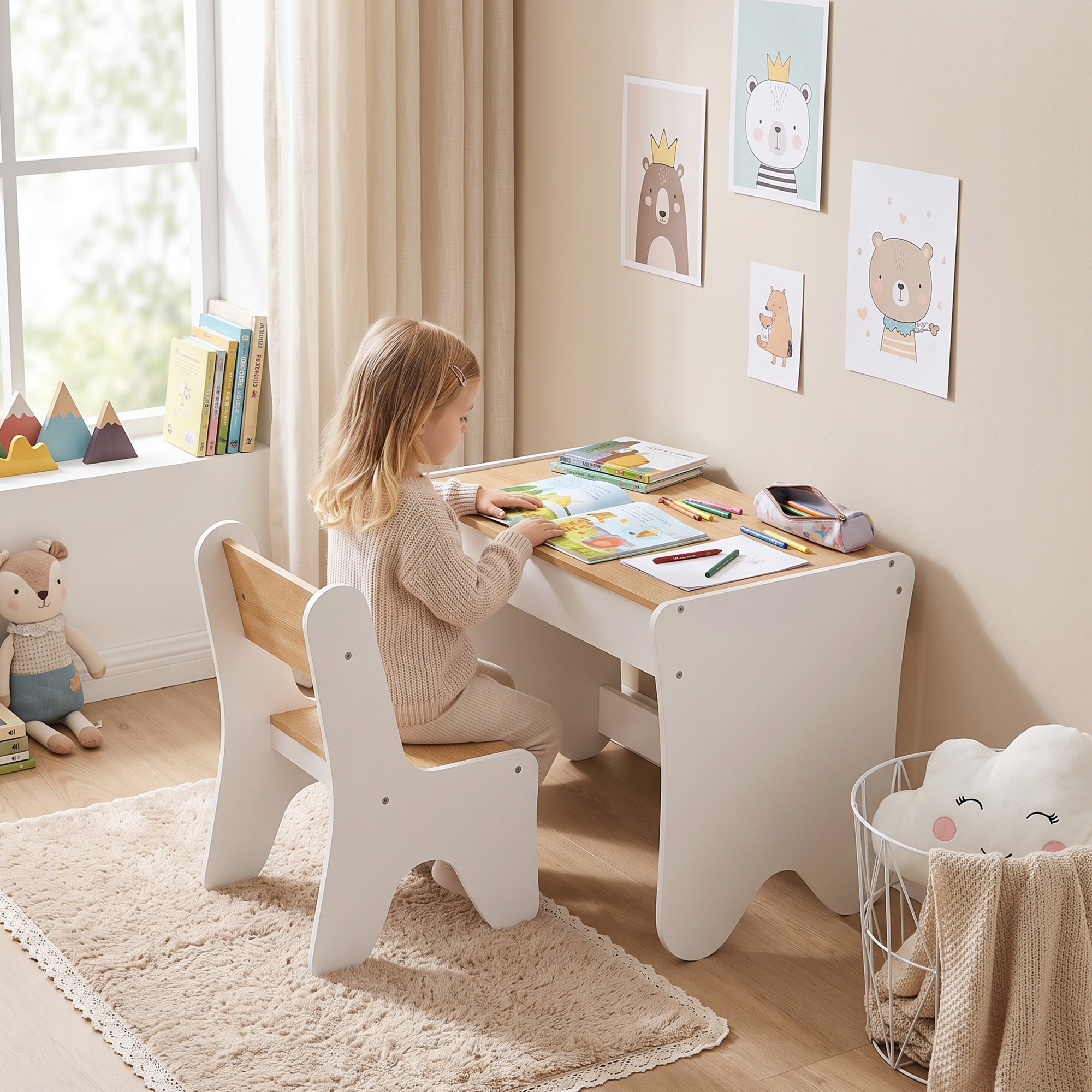 Kindertisch mit Stuhl 2 teilige Kindersitzgruppe mit Schublade Abgerundete Kanten, Platzsparend für Kinder 3-8