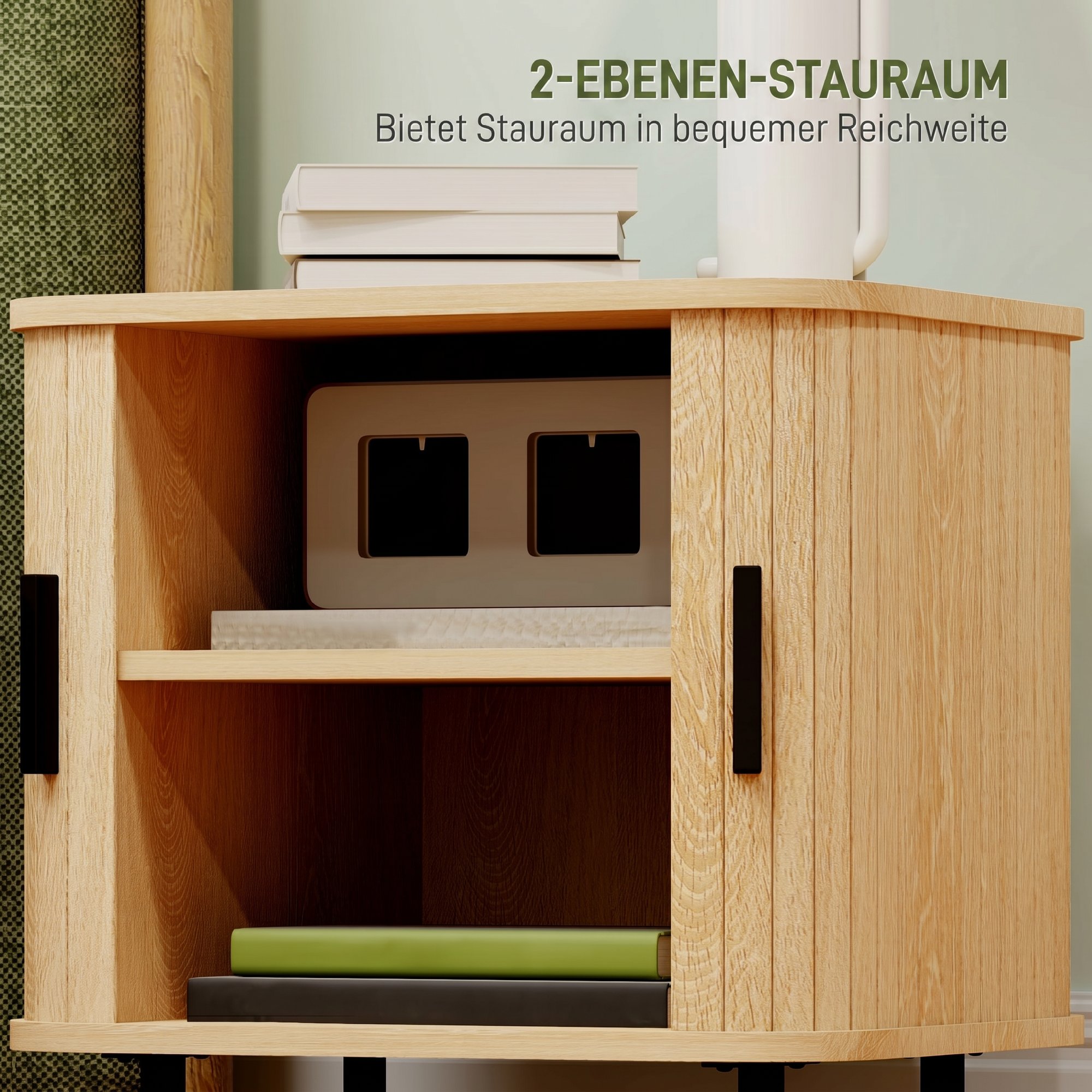 Nachttisch Beistelltisch mit Lamellentüren und Stahlbeinen, für Schlafzimmer und Wohnzimmer, Eiche