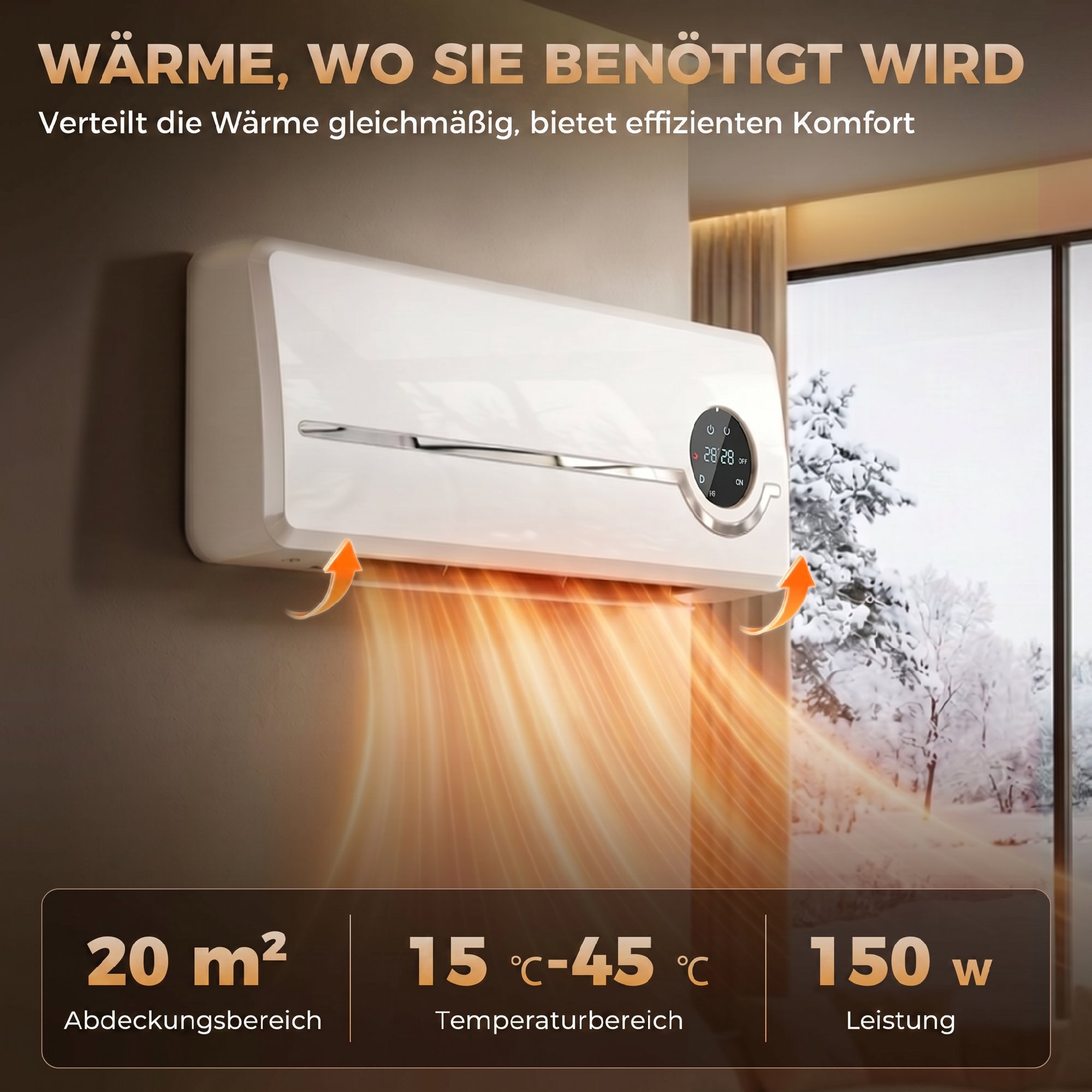 Heizlüfter zur Wandmontage 2000W Keramik-Wandheizung mit Ventilator, Fernbedienung, 2 Heizmodi, LED-Display