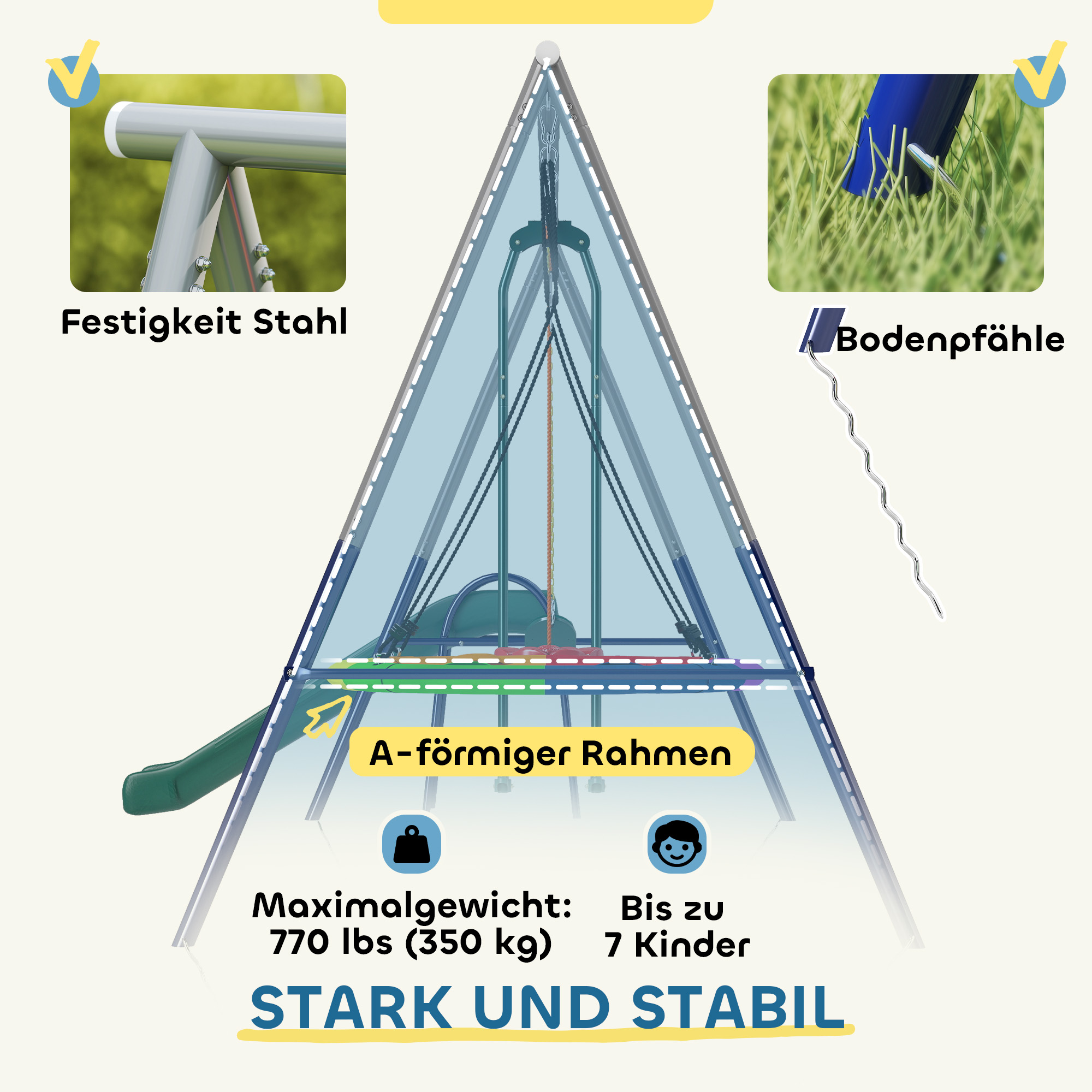 5 in 1 Schaukelgestell mit Rutsche höhenverstellbar Schaukelgerüst mit Nestschaukel 382x196 x203 cm Mehrfarbig