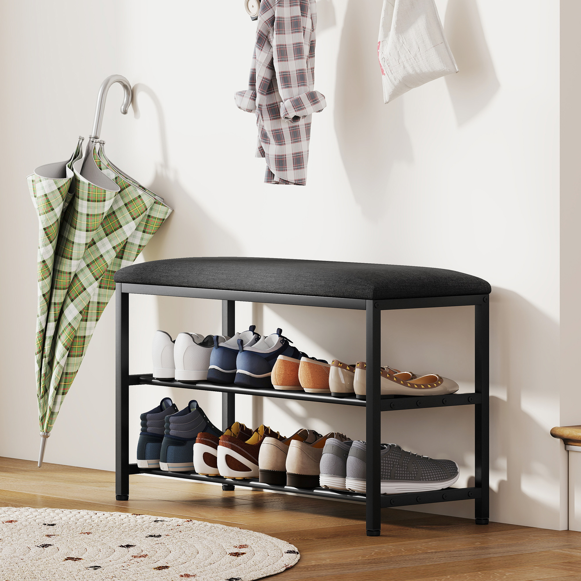 Schuhbank mit Sitzfläche, Sitzbank mit Stauraum, Schuhregal mit 2 offene Fächer, Sitzbank 81 x 31 x 50 cm Schwarz