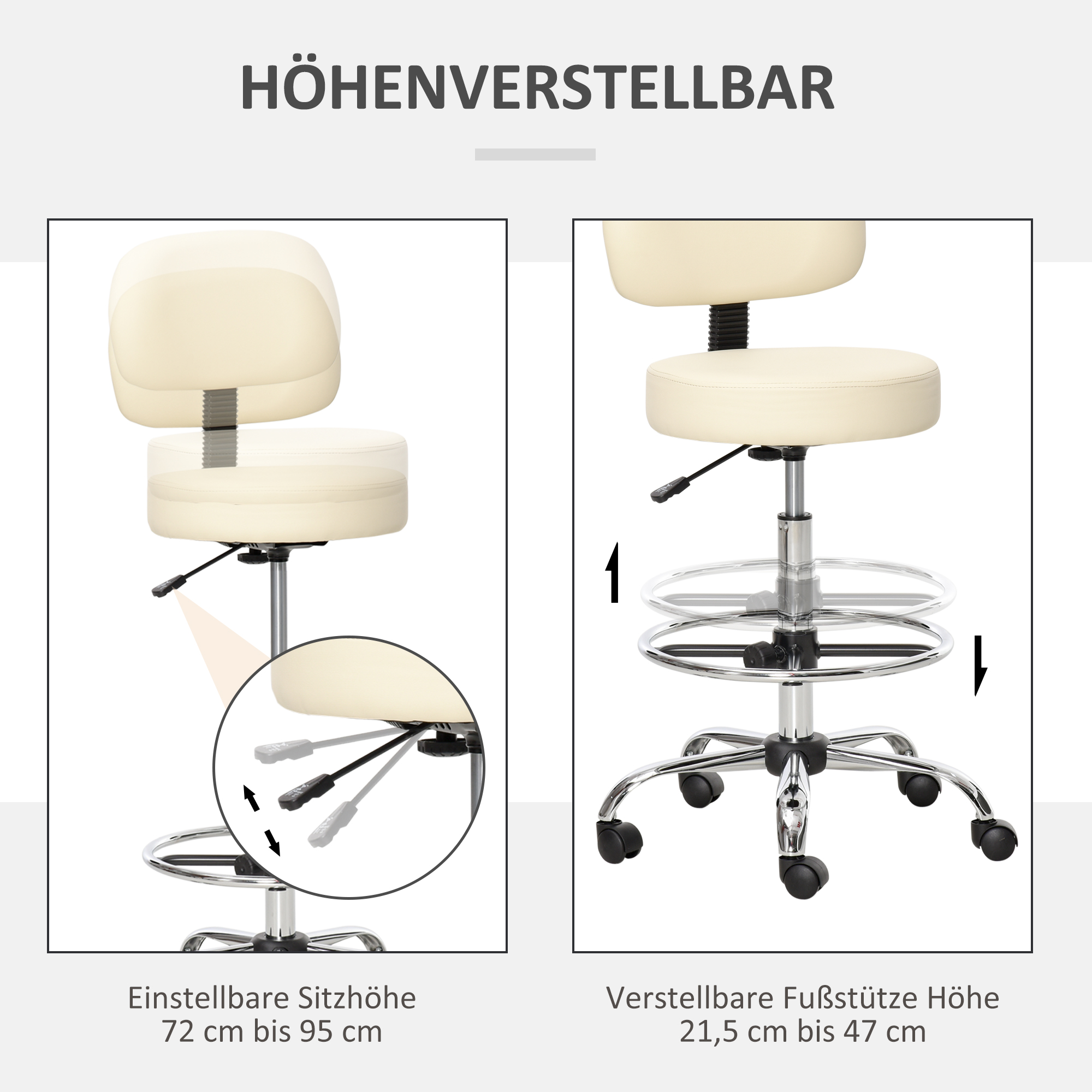 Barhocker Drehstuhl Höheverstellbarer Barstuhl mit Rollen aus Kunstleder-Leder Arbeitshocker Bürohocker 360° schwenkbar mit Lehne Gepolstertet Beige 56 x 57 x 104-127 cm