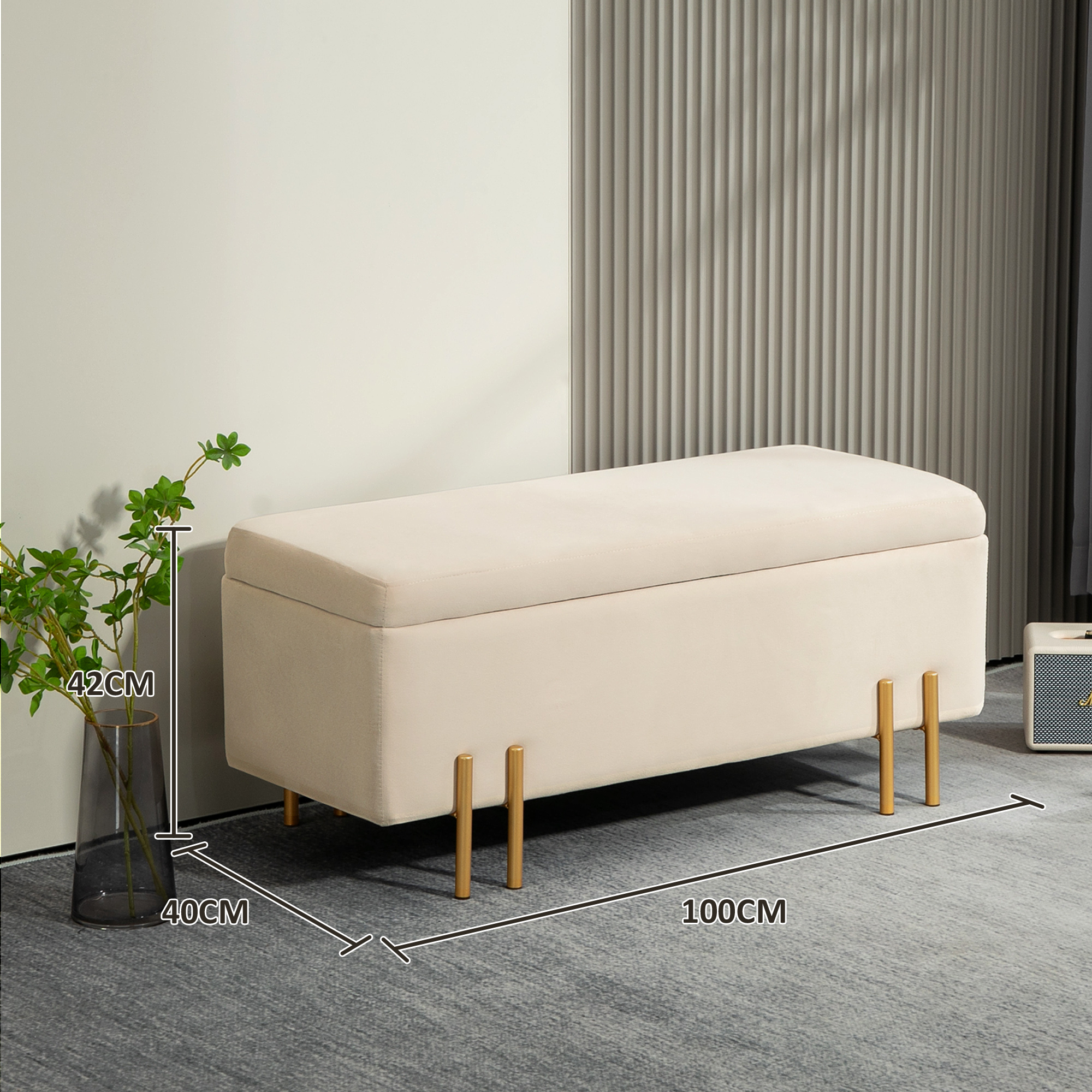 Polsterbank mit Stauraum, Truhenbank, Schaumstoff, Metall, Kautschukholz, 100 x 40 x 42 cm, Beige