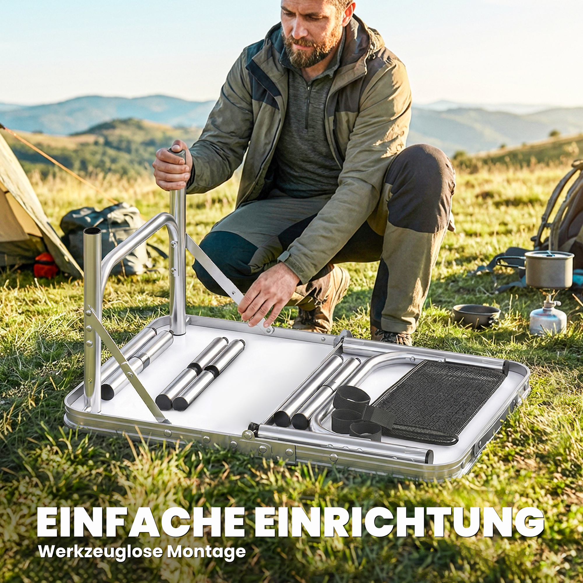 Campingtisch Klapptisch mit Netzfach, 4 Höhenverstellungen, Tragegriff Aluminium 60 x 40 x 26-60 cm Schwarz