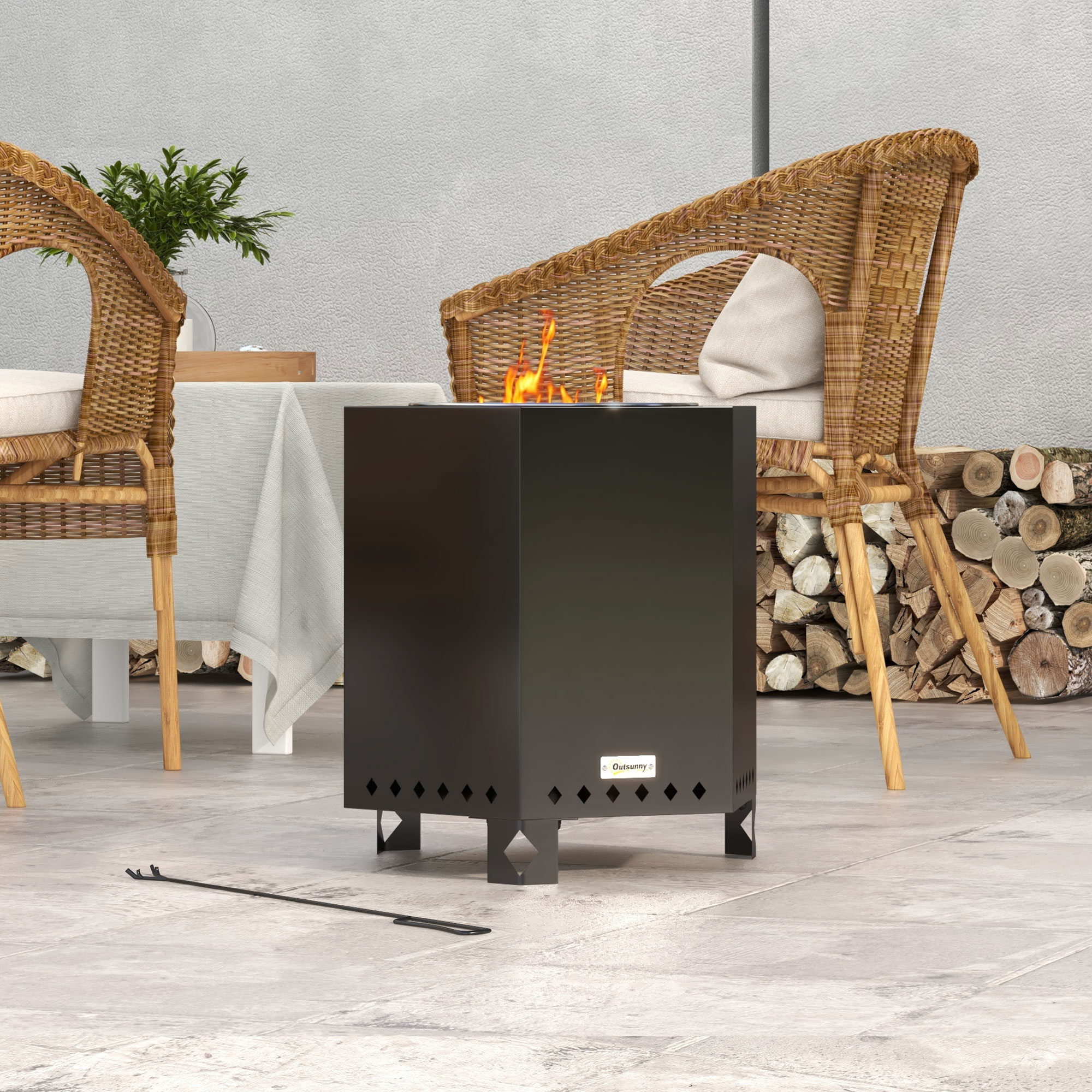 Feuerschale Feuerstelle Feuertonne, inkl. Schürhaken, 45 x 38,8  x 46,5 cm, Silber + Schwarz