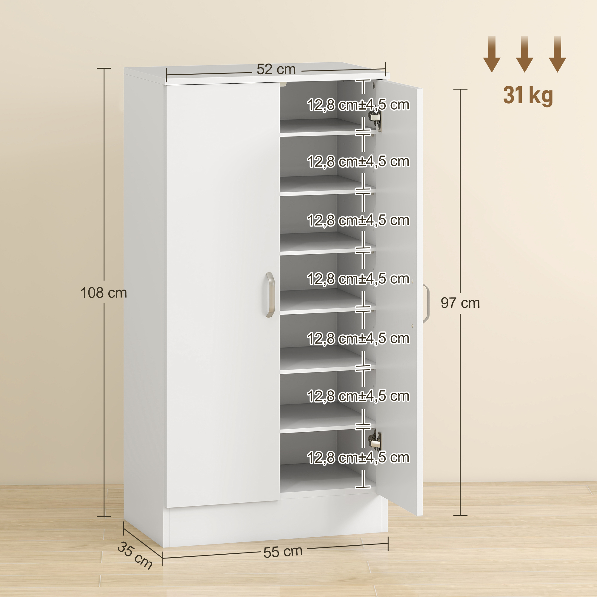 Schuhschrank mit Soft-Close-Scharnieren, verstellbare Regale, 6-stufiges Schuhregal für Flur, Eingangsbereich, für 14 Paare, 55 x 35 x 108 cm, Holz, Weiß