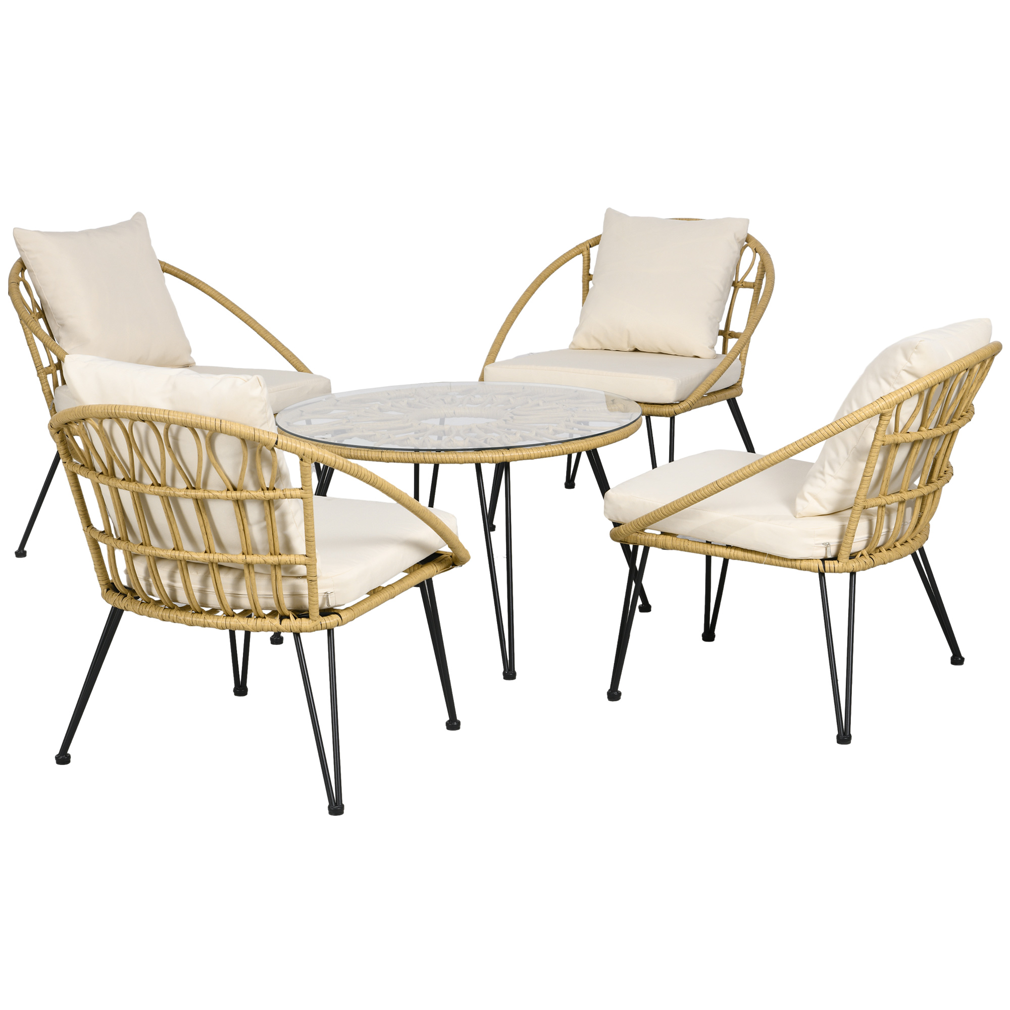 5-teilige Gartensitzgruppe, Boho-Stil, 1 Esstisch & 4 Stühle, Auflagen, Polyrattan, Beige/Natur 5-teilige Gartensitzgruppe, Boho-Stil, 1 Esstisch & 4 Stühle, Auflagen, Polyrattan, Beige/Natur