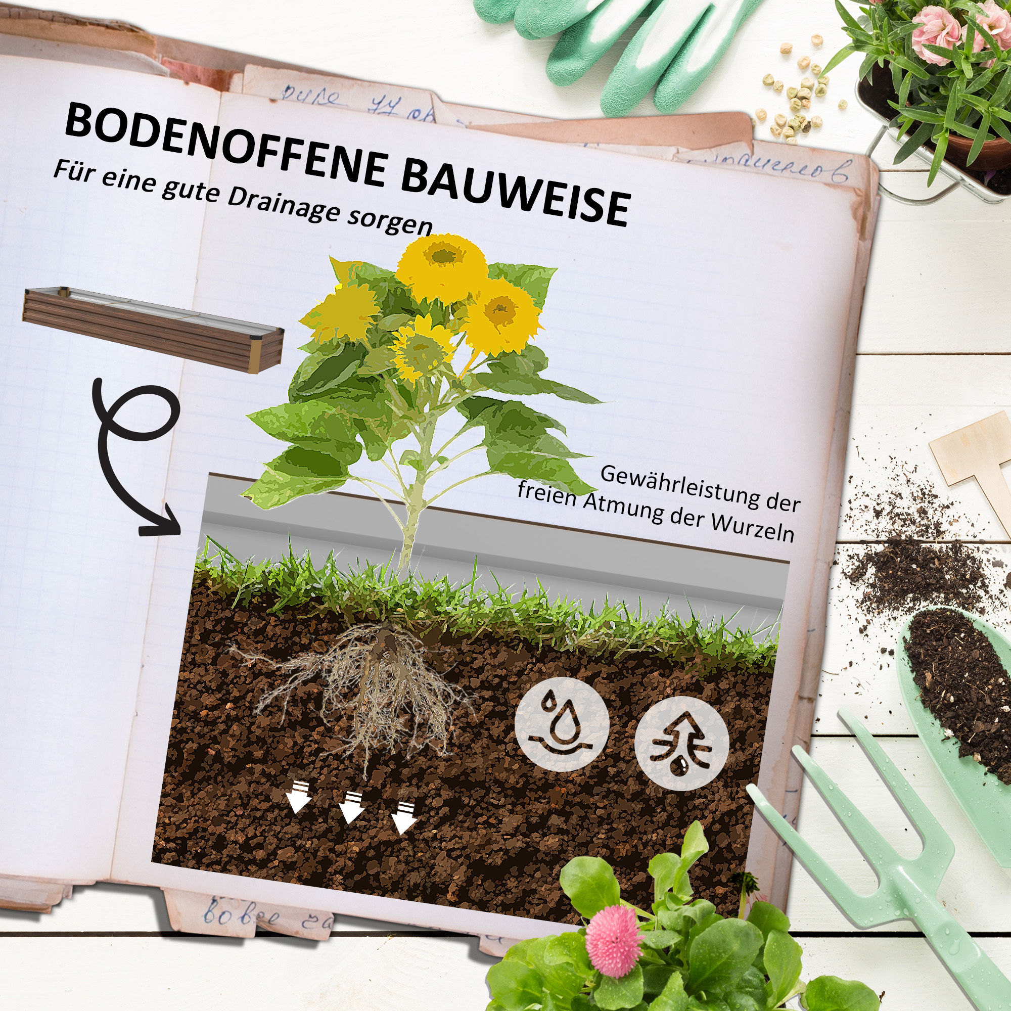 Hochbeet Gartenbeet Kräuterbeet, wetterbeständig, offener Boden, 240 x 60 x 30 cm, Dunkelbraun
