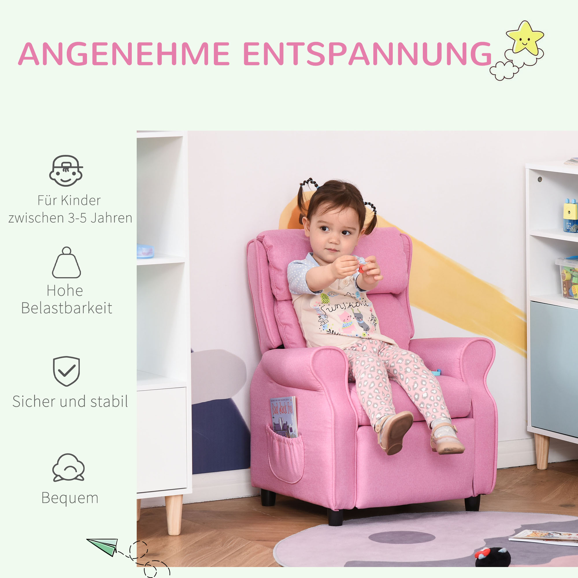 Kindersofa Kindersessel mit Fußstütze Armlehne verstellbare Rückenlehne Relaxsessel Kindercouch Stuhl Liegecouch Kinder Sofa für 3-5 Jahre Jungen und Mädchen Rosa