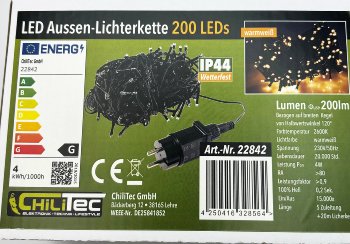 LED Aussen-Lichterkette "CT-ALK200" 20m, warmweiß, Kabel schwarz, IP44, 200 LEDs