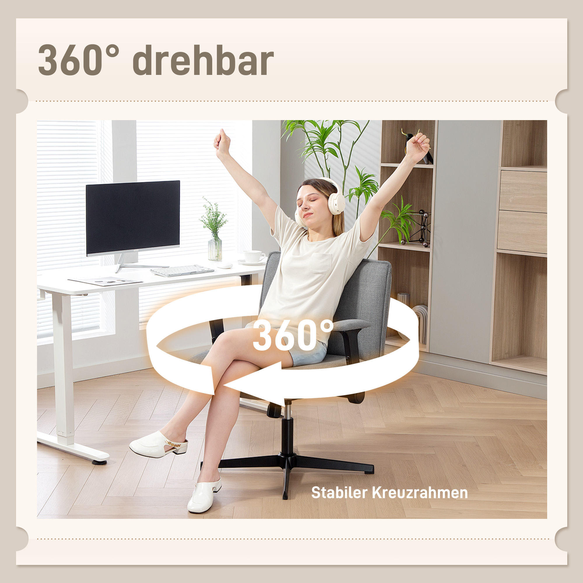 Bürostuhl mit hochklappbaren Armlehnen, breiter Schreibtischstuhl in Leinenoptik, höhenverstellbar, Stahlbasis, Grau