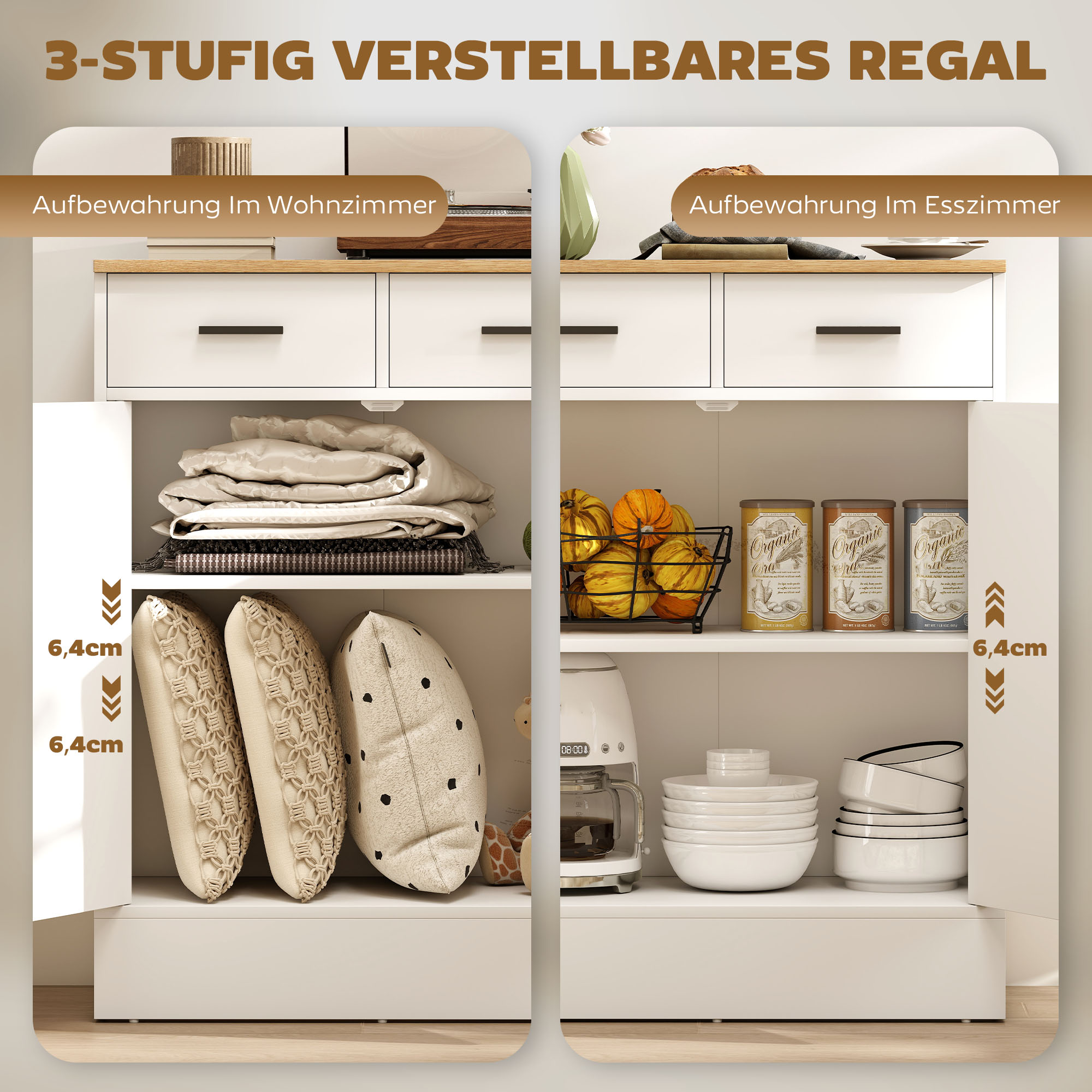 Sideboard mit Stauraum, Kommode mit 2 Schubladen, verstellbares Regal, für Küche, Wohnzimmer, Flur, Naturholz, Weiß
