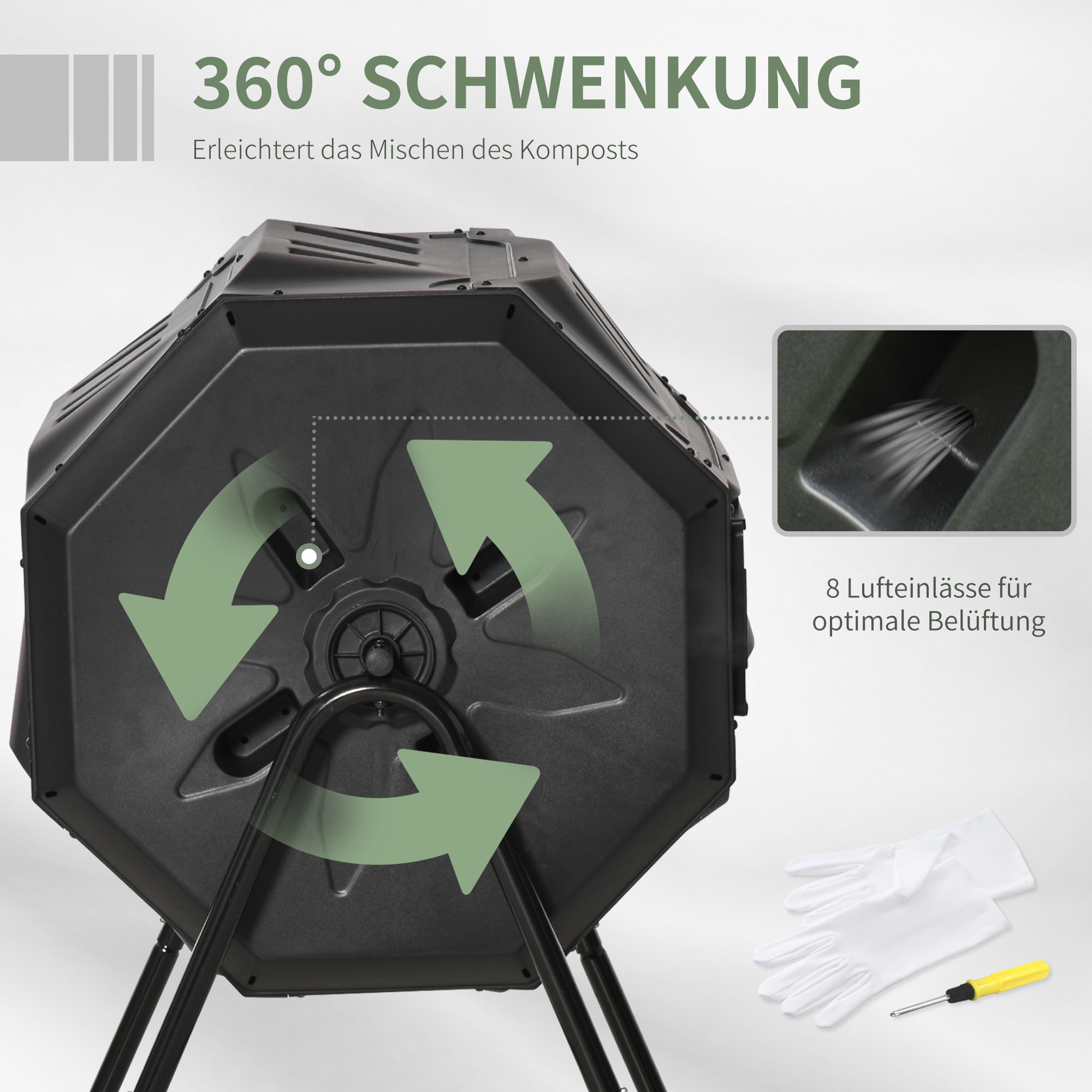 Kompostbehälter mit 2 Behältern, 160 L Fassungsvermögen, drehbar, 71 cm x 65 cm x 96 cm, Schwarz