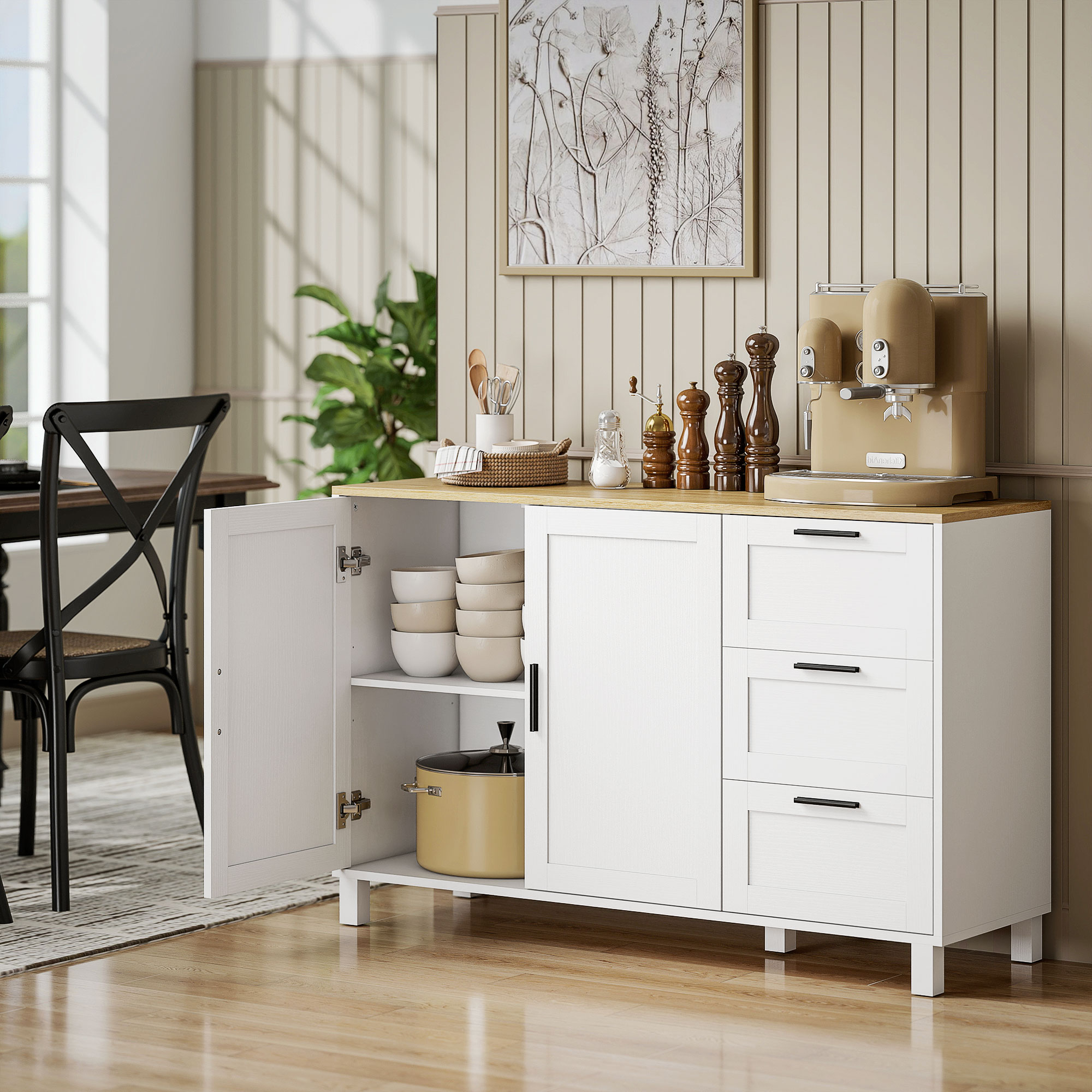 modernes Sideboard mit Soft-Close-Türen, Kaffeebar-Schrank mit 3 Schubladen und verstellbarem Einlegeboden, Weiß