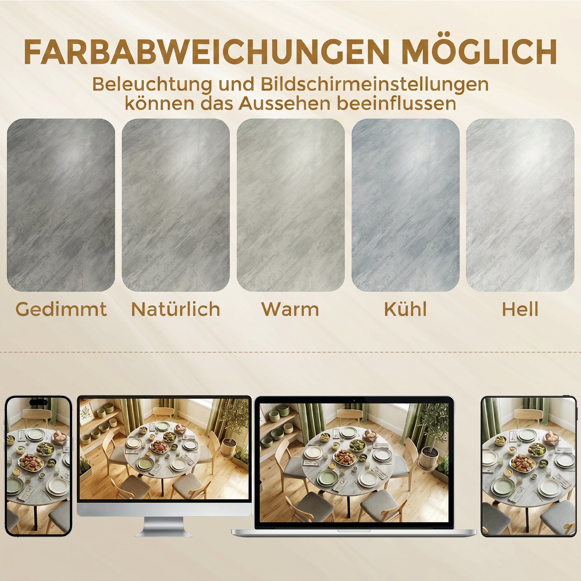 klappbarer Esstisch für 2-6 Personen, Runder Klapptisch mit Doppel-X-Stahlrahmen, Dicke Tischplatte, Zementgrau