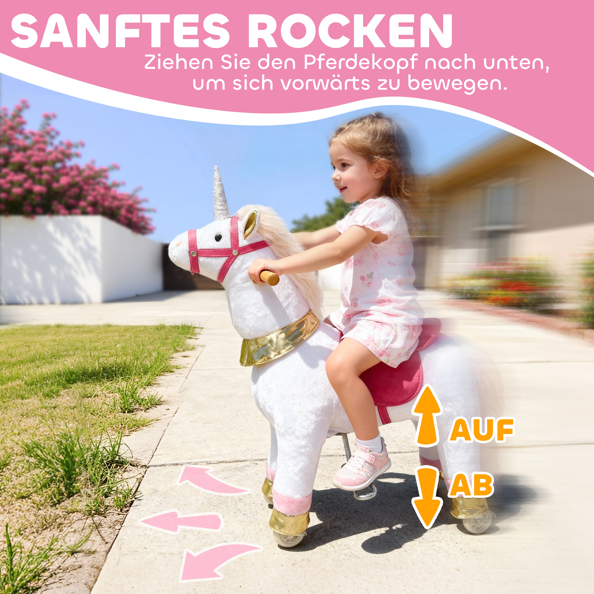 Reitpferd für Kinder, Einhorn-Design, Stoffbezug, stabiler Rahmen, sanfte Räder, Schaukelpferd, 3-5 Jahre, Weiß