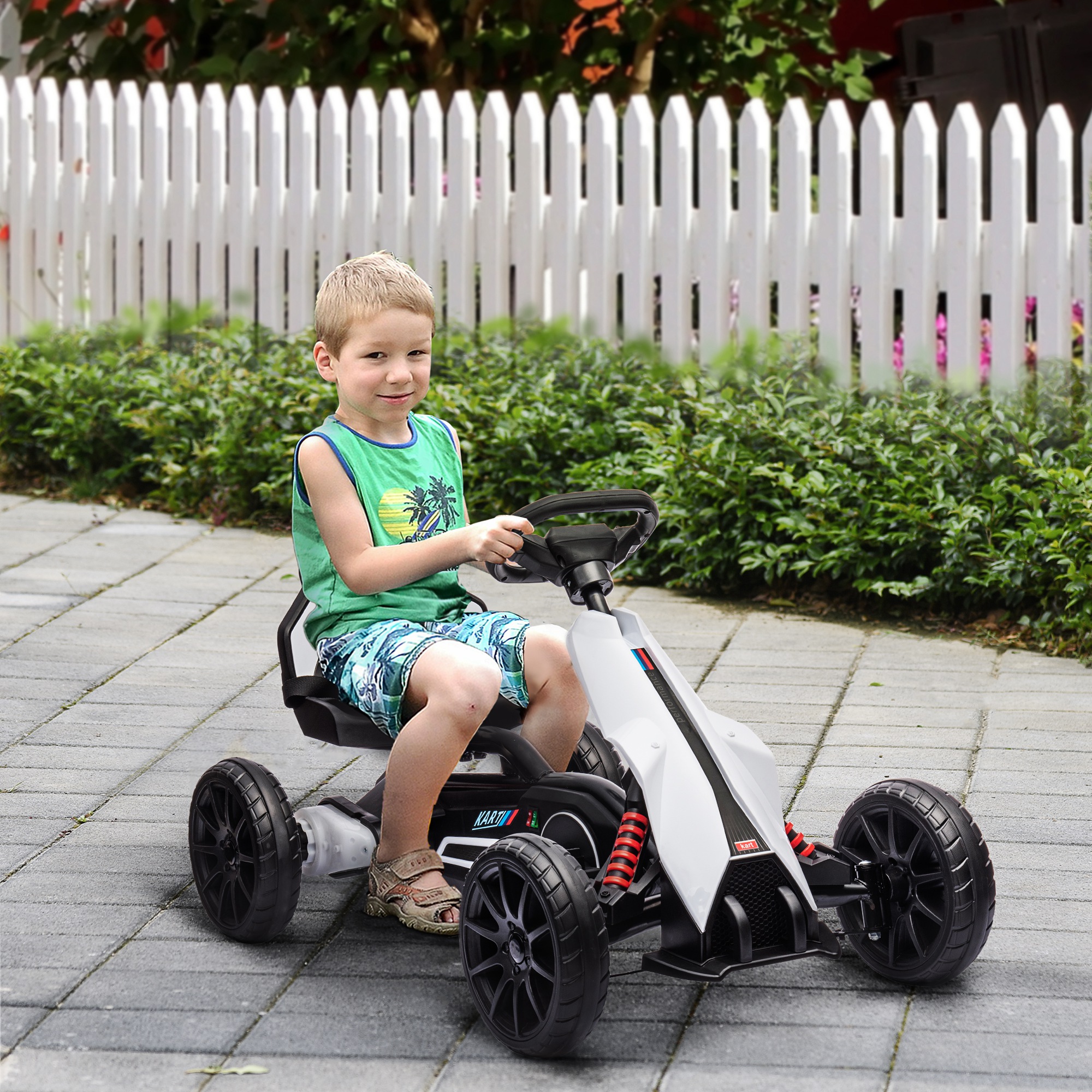 Go-Kart für Kinder, Elektro-Kart, bis 5 km/h, Sicherheitsgurt, Sitz mit Rückenlehne, Kunststoff, Metall, Weiß