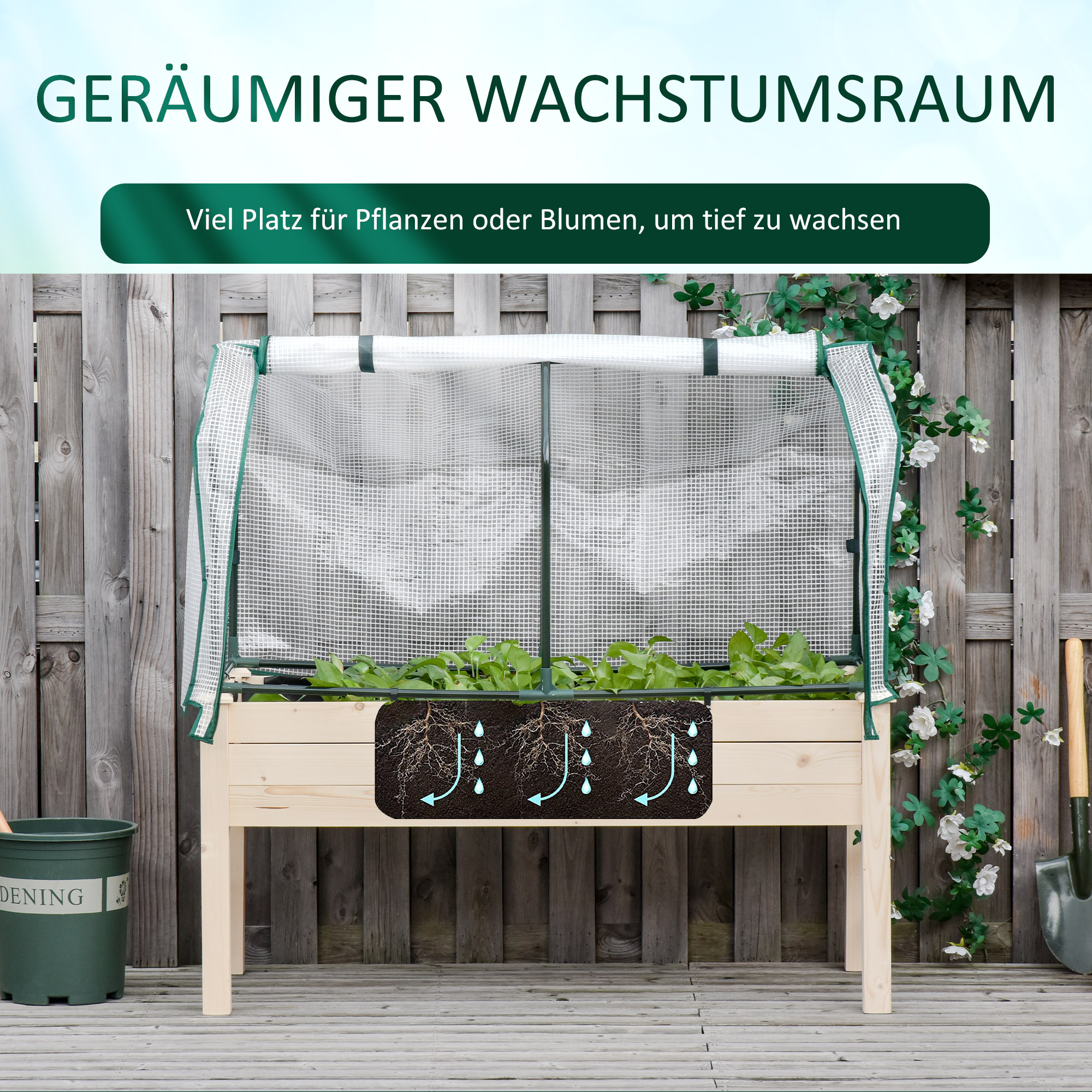 Hochbeet, aufrollbare Folienabdeckung, Naturholzrahmen, Stoffauskleidung, Drainageöffnungen, 121 x 55 x 117cm