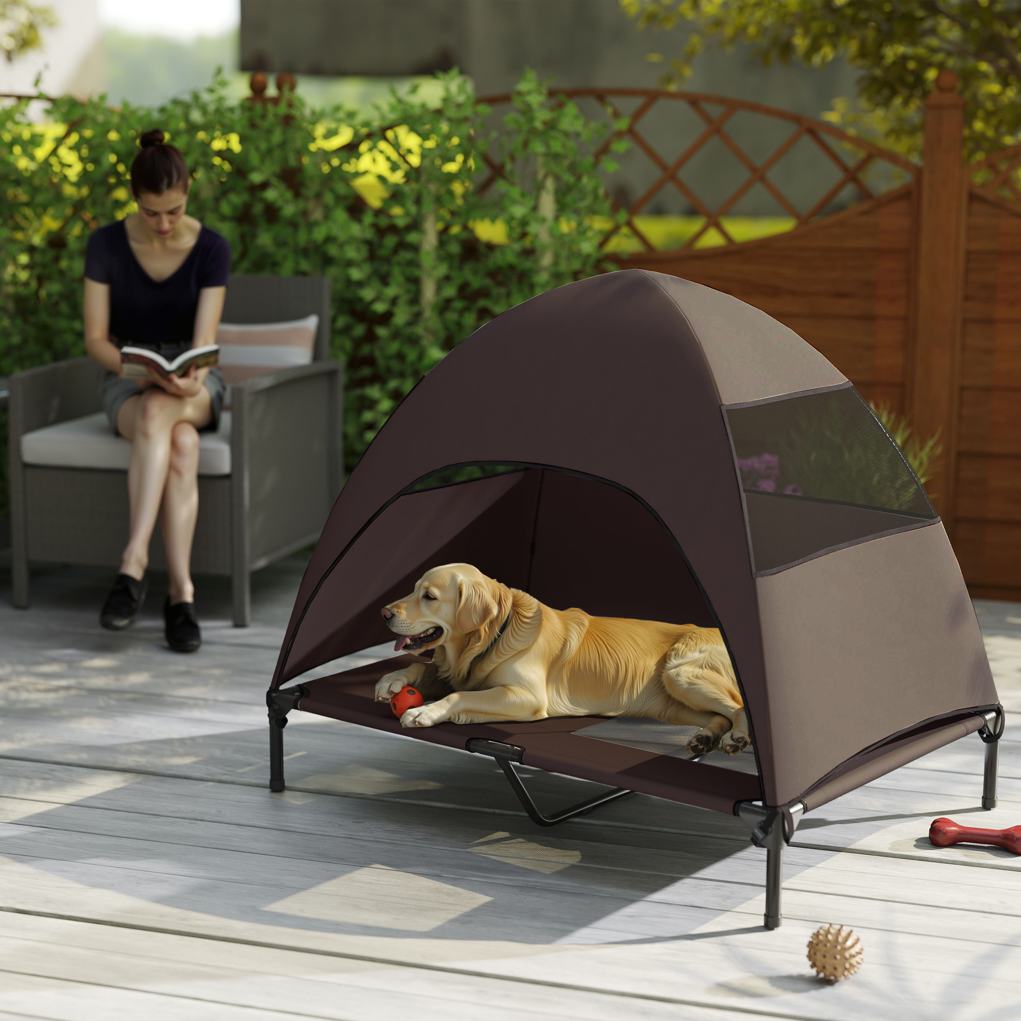 Hundeliege Outdoor mit Dach, erhöhtes Hundebett für Große Hunde, 106 x 76 x 99 cm, Kaffee