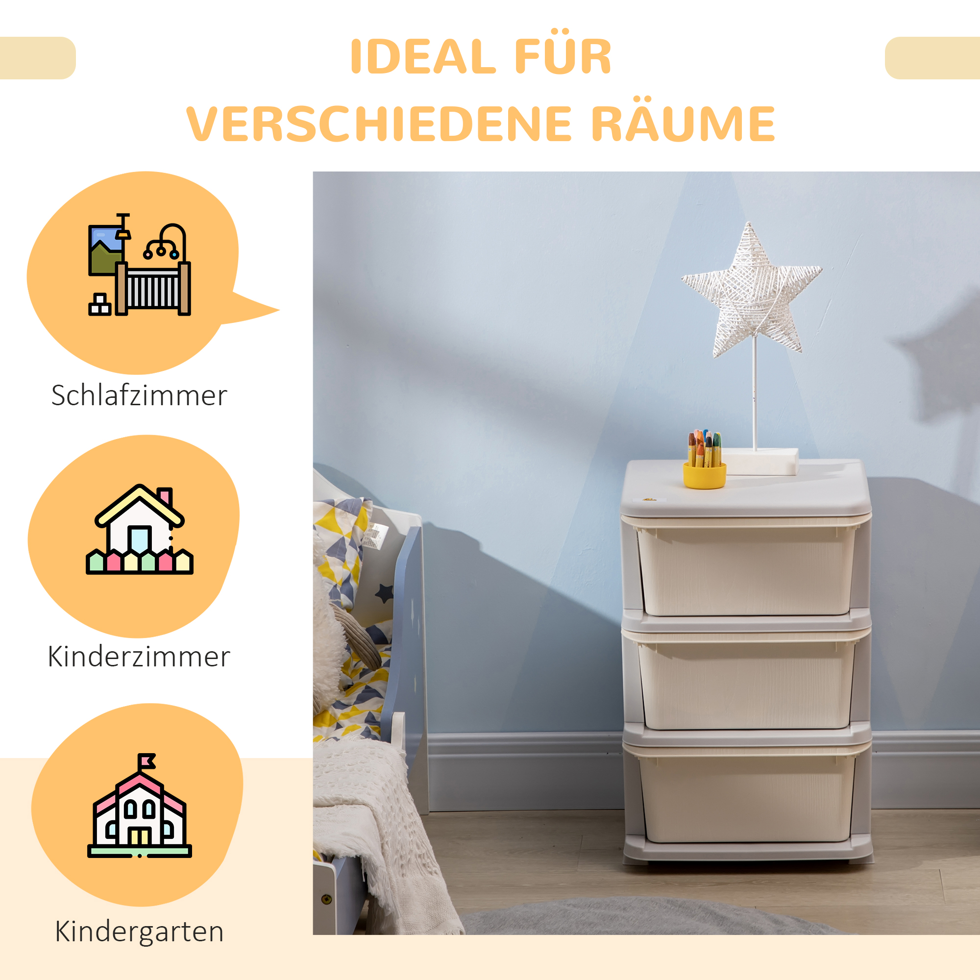 Aufbewahrungsboxen für Kinder, 3 große Schubladen, runde Kanten, Kunststoff, 37x37x56,5 cm, Cremeweiß