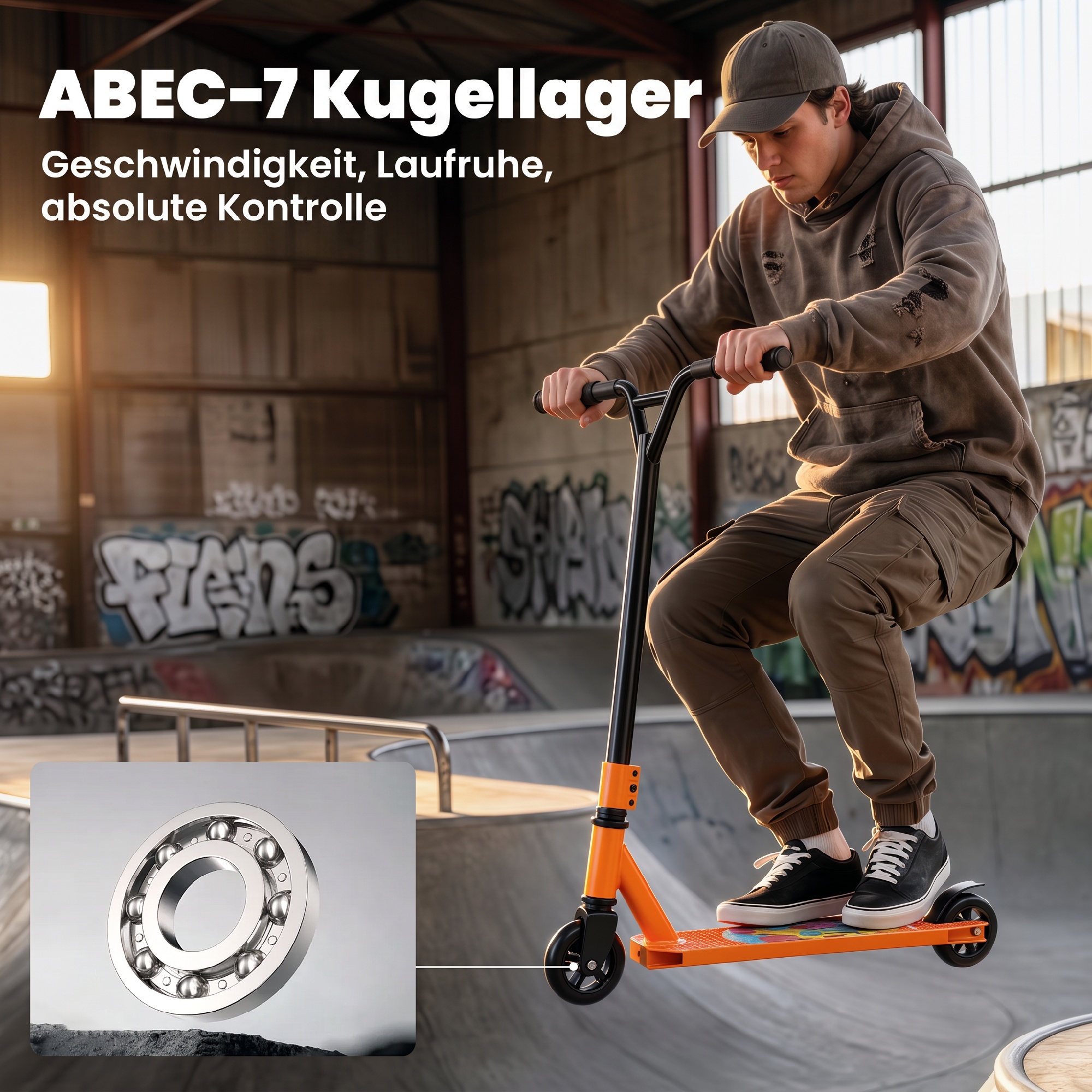 Stunt-Scooter für Erwachsene & Jugendliche, Trick-Scooter mit 100 mm PU-Rollen, 360° Stahl-Y-Lenker, Aluminium-Deck, ABEC-7, Orange