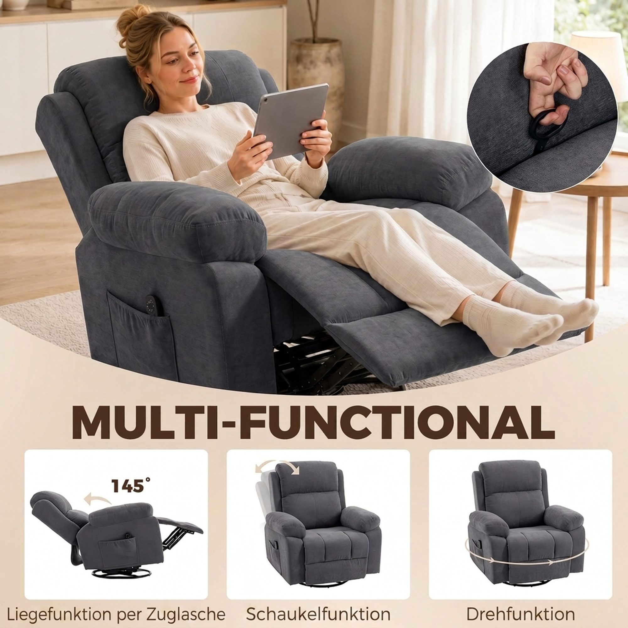 Relaxsessel Fernsehsessel 360° Drehbarer Massagesessel mit Wärme, Massage, Chenille-Optik, Dunkelgrau