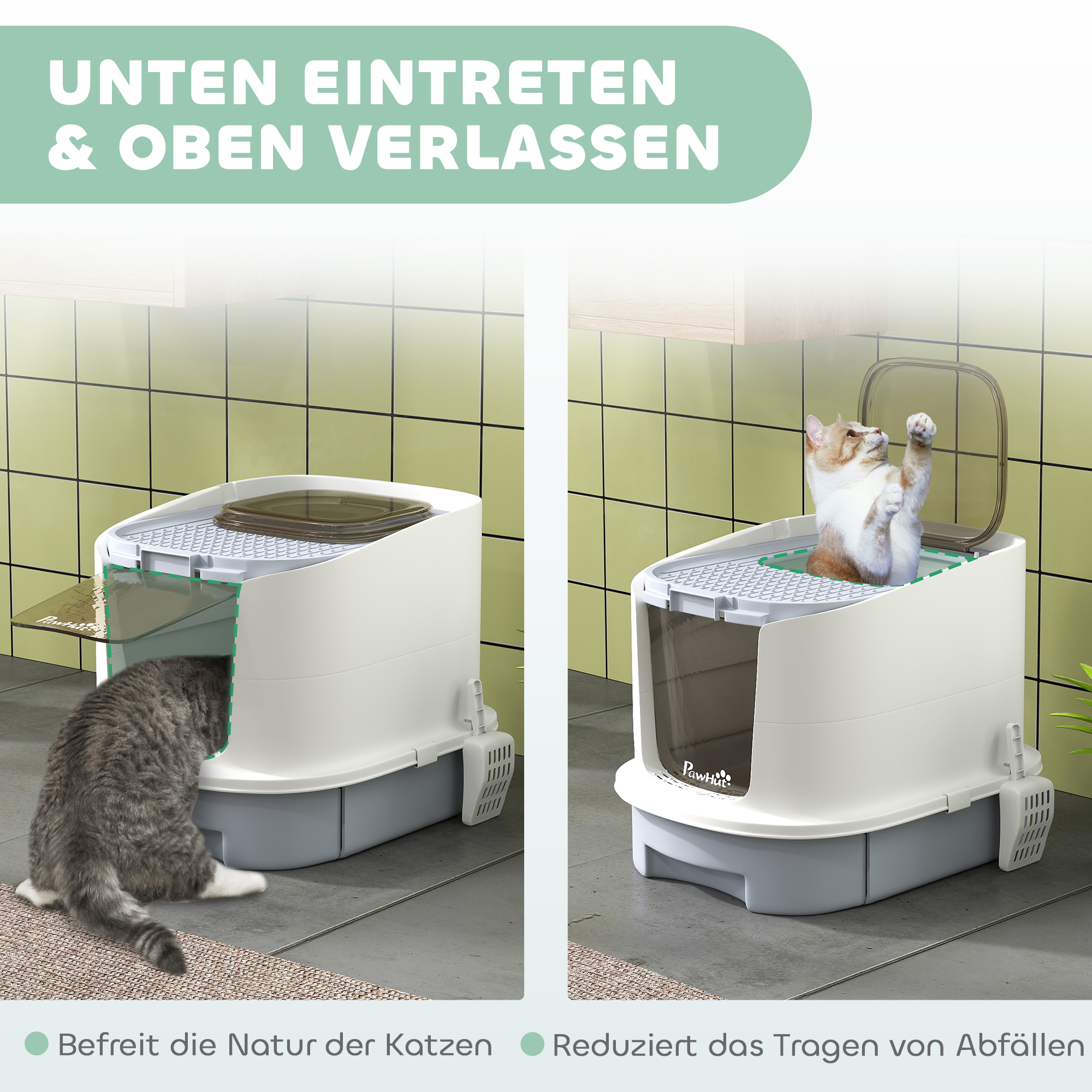 Katzenklo mit Deckel Obenliegender Eingang Schaufel ausziehbares Tablett für Katzen bis 4,5 kg, 40,5x52,5x42,5 cm Grau