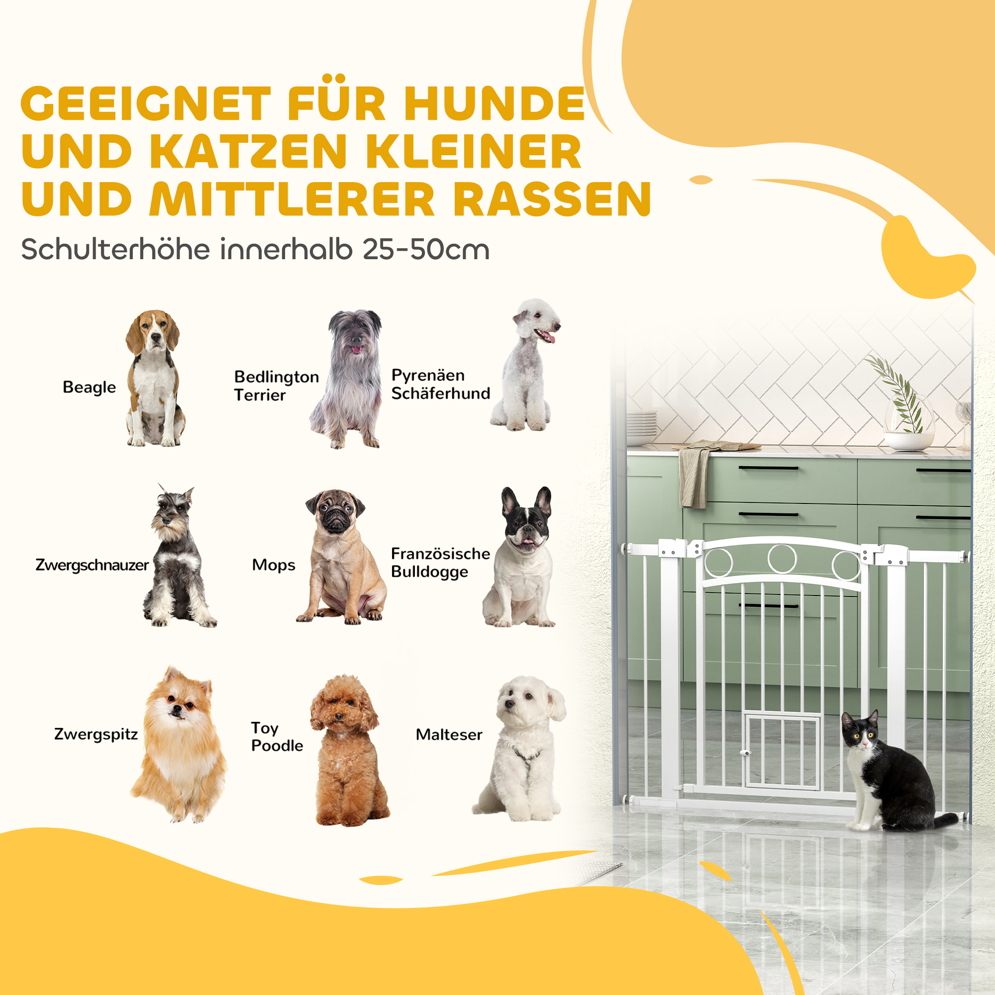 Haustiertor, 77 cm Treppengatter, verstellbare Breite 76-104 cm, mit Katzentür, für Treppen und Türöffnungen, Weiß