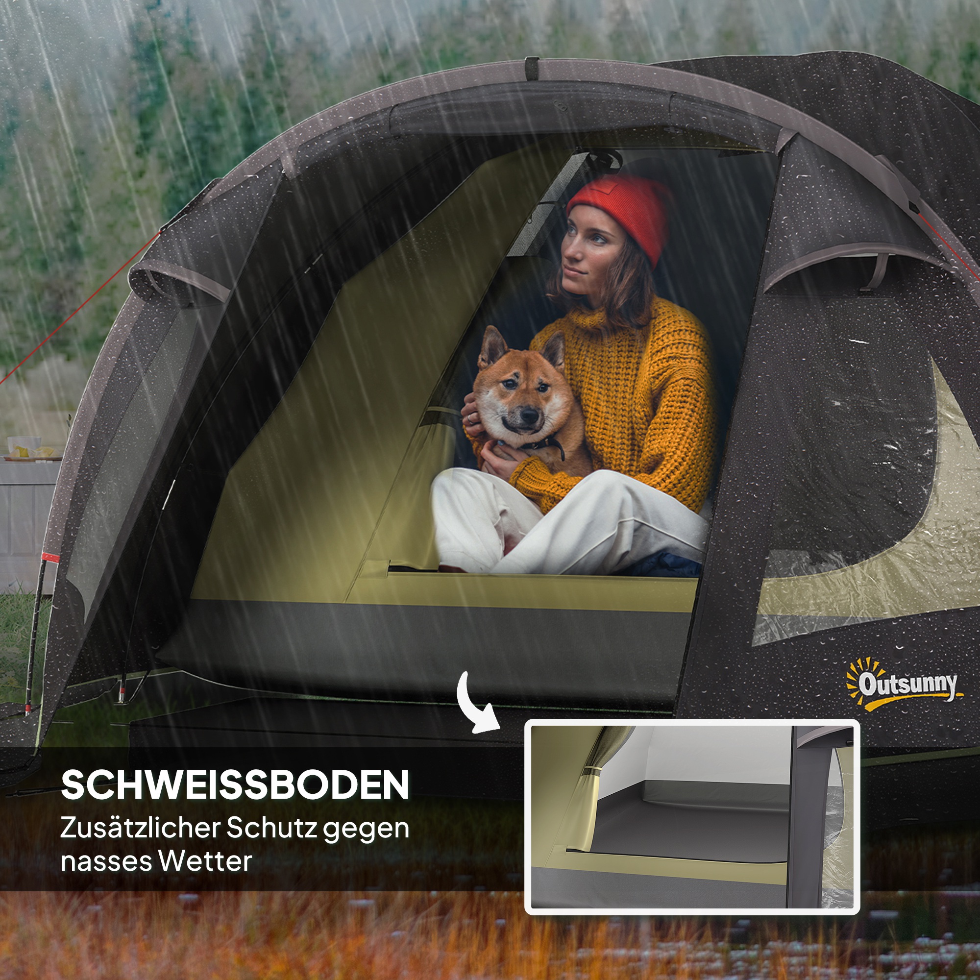 Campingzelt für 2 Personen leicht, stabil UV 50+ Tunnelzelt mit Vordach Seitentür&Fenster Schwarz