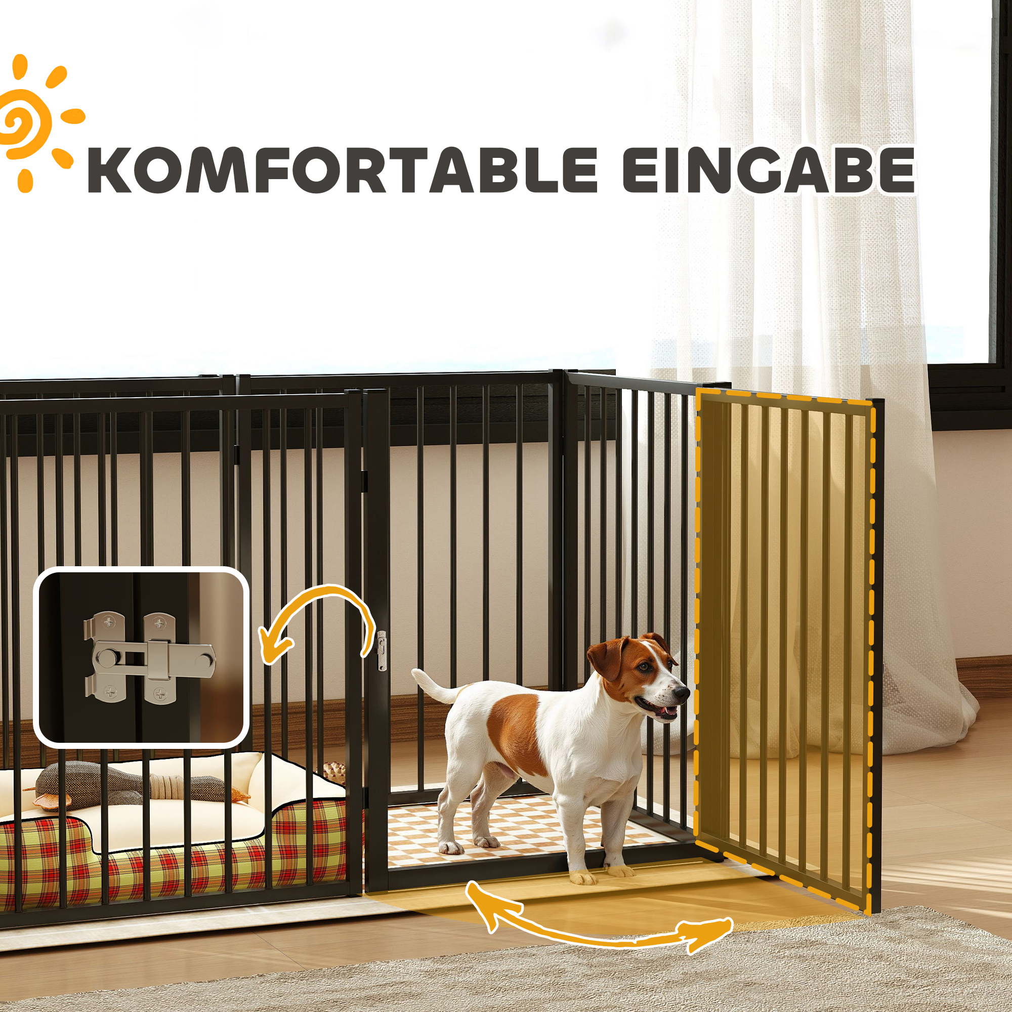 Welpenauslauf, Hundeauslauf, Welpengehege, 6 Paneele mit Tür, faltbarer und tragbarer Hundezaun, Stahl, Schwarz