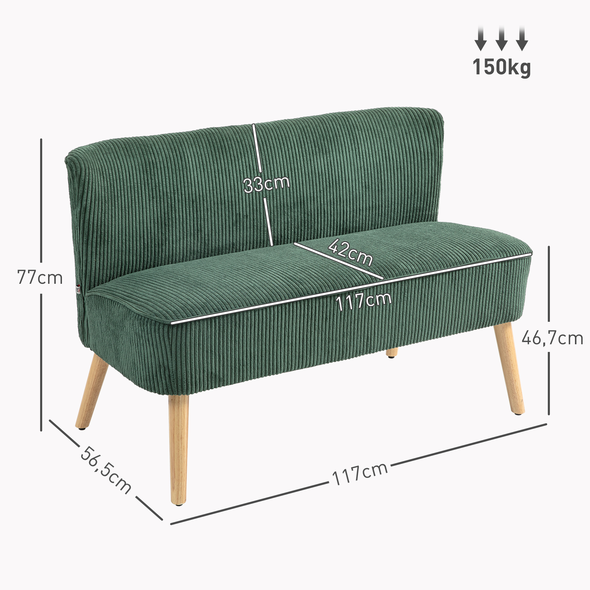 2-Sitzer Polstersofa, Holz, Samtartiges Polyester, Schaumstoff, 117 x 56,5 x 77 cm, Grün
