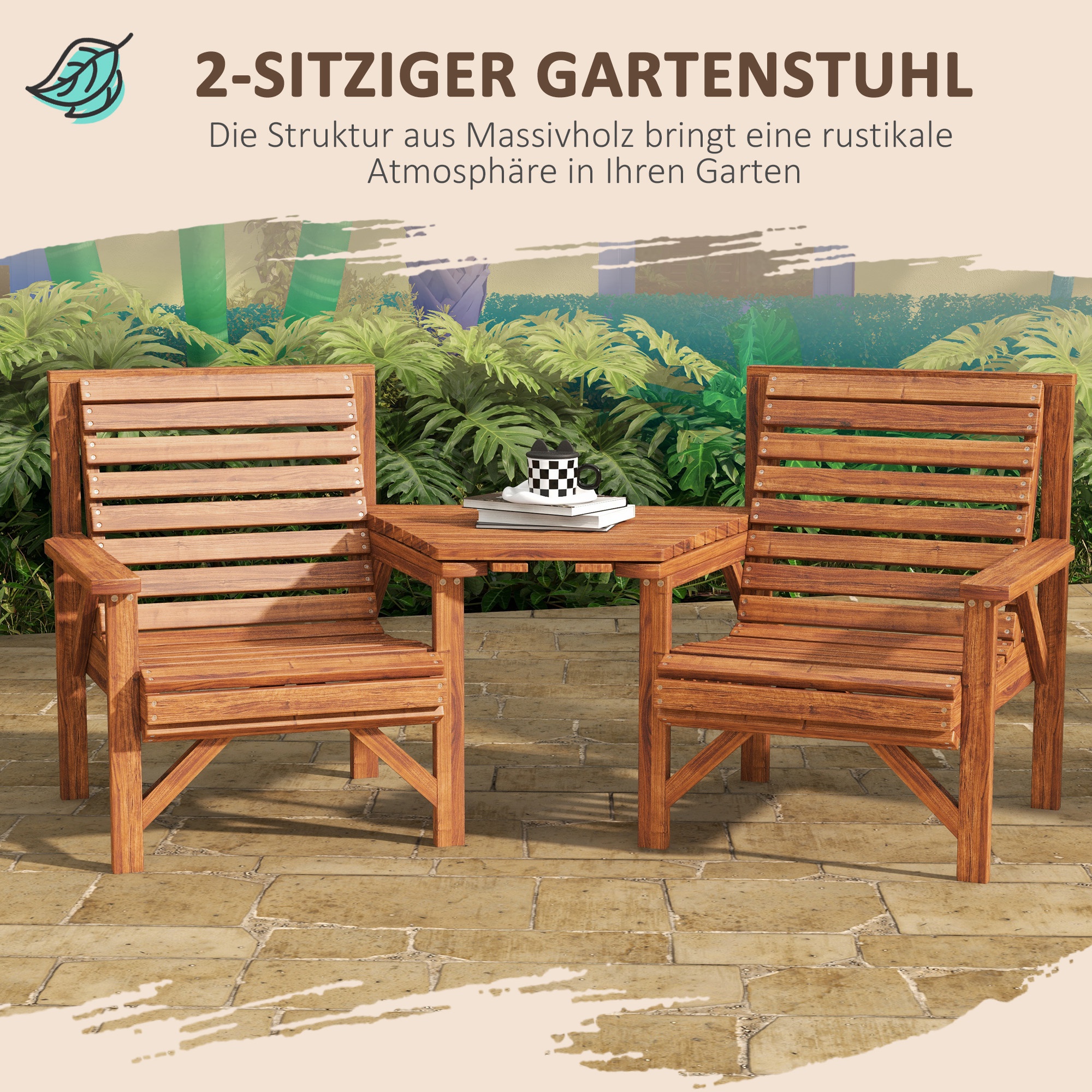 Bistro-Set 3-teilig aus Holz Wetterfest Gartenmöbel Set mit Lamellendesign Sonnenschirmloch Verkohlt