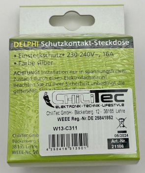 DELPHI Schutzkontakt-Steckdose / 250V~/ 16A, inkl. Rahmen, UP, silber