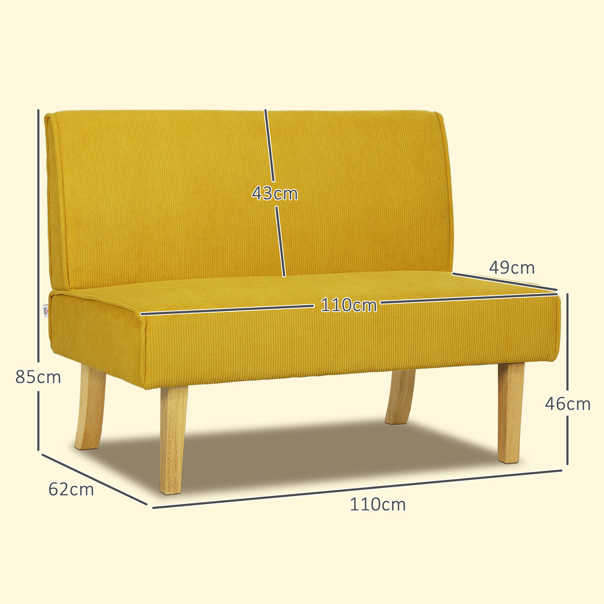 Zweisitzer-Sofa mit Cord-Bezug, dicker Polsterung und soliden Holzbeinen für Wohnzimmer, Schlafzimmer, Büro, Gelb
