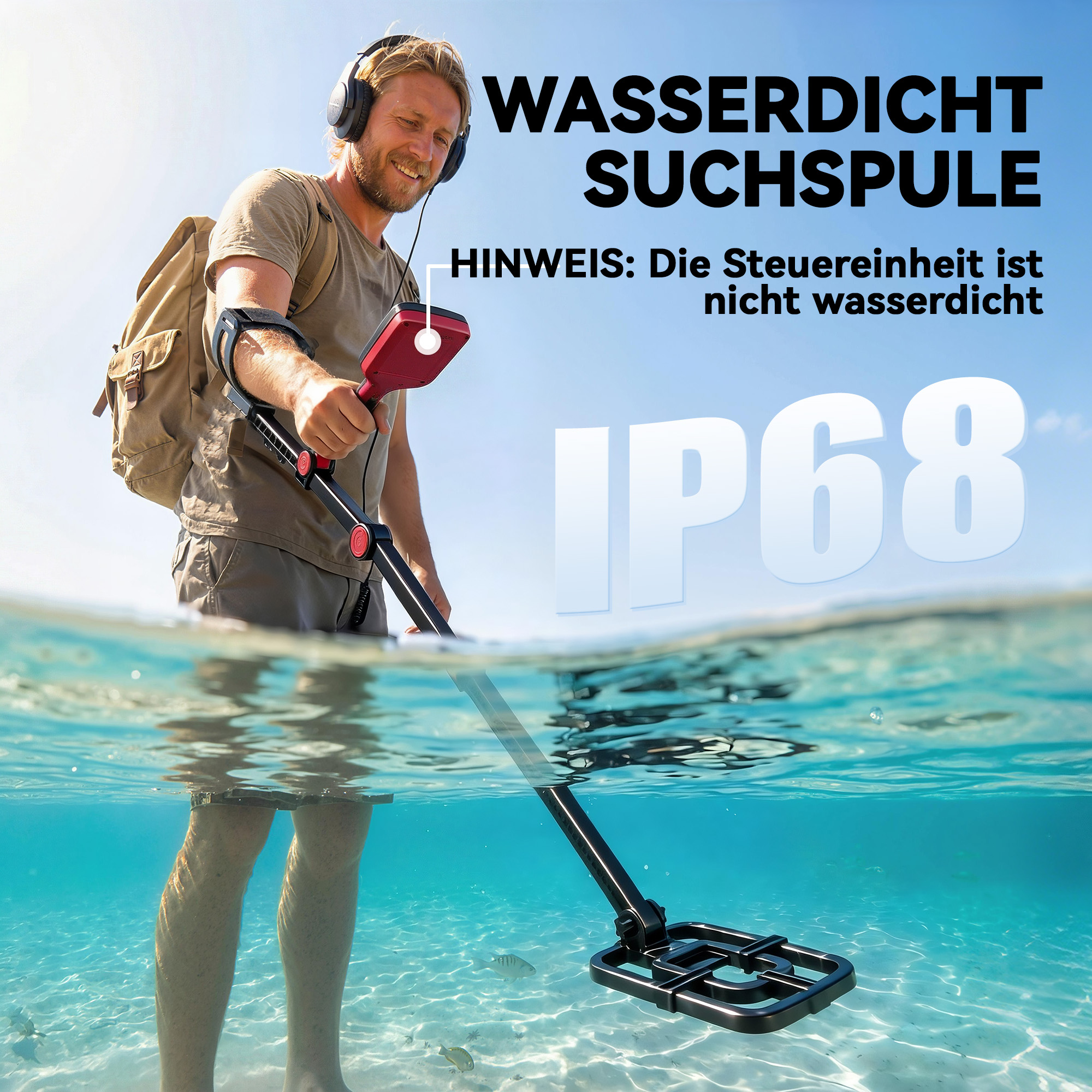 Metalldetektor IP68 Wasserdicht faltbar Metallsuchgerät mit 4 Modi Kopfhörer Schaufel Tragetasche LCD-Display